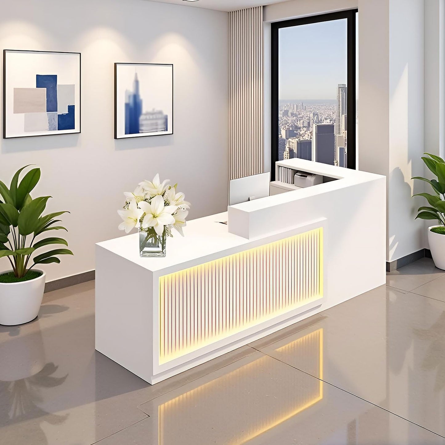 Modern Reception Desk with Lockable Drawers & Storage Cupboard, L-Shaped Solid Wood Reception Desk with Lockable Drawers, Dark Walnut Customer Service Counter for Office Lobby & Retail Check