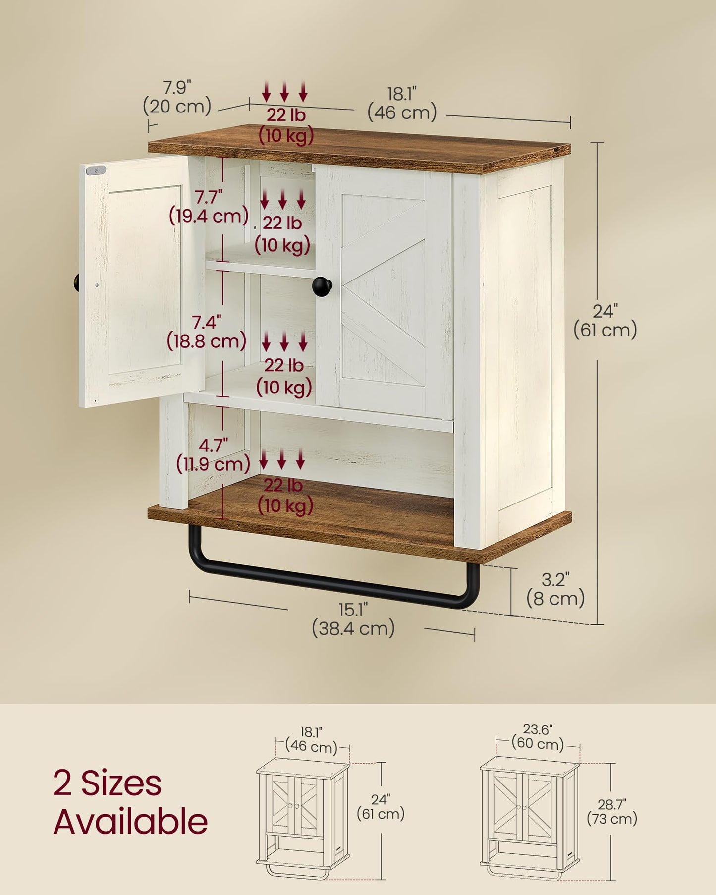 VASAGLE LIRY Collection - Bathroom Wall Cabinet, Farmhouse Wall-Mounted Medicine Storage Cabinet with 2 Barn Doors, Adjustable Shelf, Towel Bar, 7.9 x 18.1 x 24 Inches, Rustic White UBBK132W01S