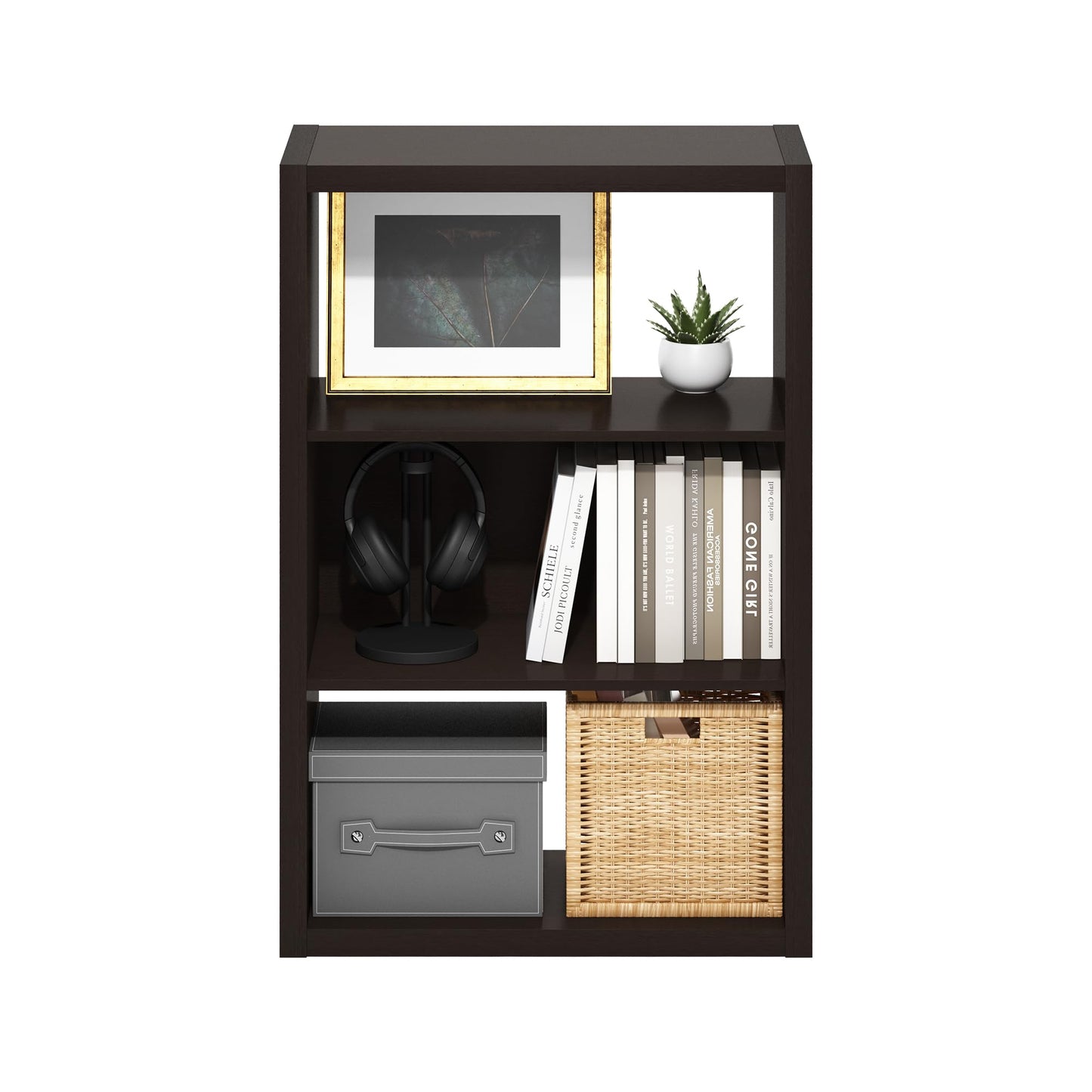 Furinno Viola Book Shelf, 3-Tier Bookshelf, Extra Thick Frame Bookcase with Open Shelf, Open Back Design, 11.3" x 23.2" x 35.9", for Living Room, Bedroom, Home Office, Black Dark Oak