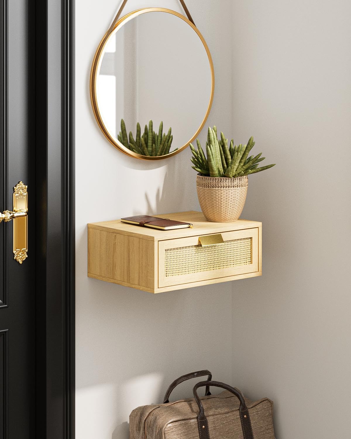 Aienvey Floating Nightstand, Floating Shelf with Drawer, Wall Mounted Nightstand, Floating Bedside Table (Oak Rattan)