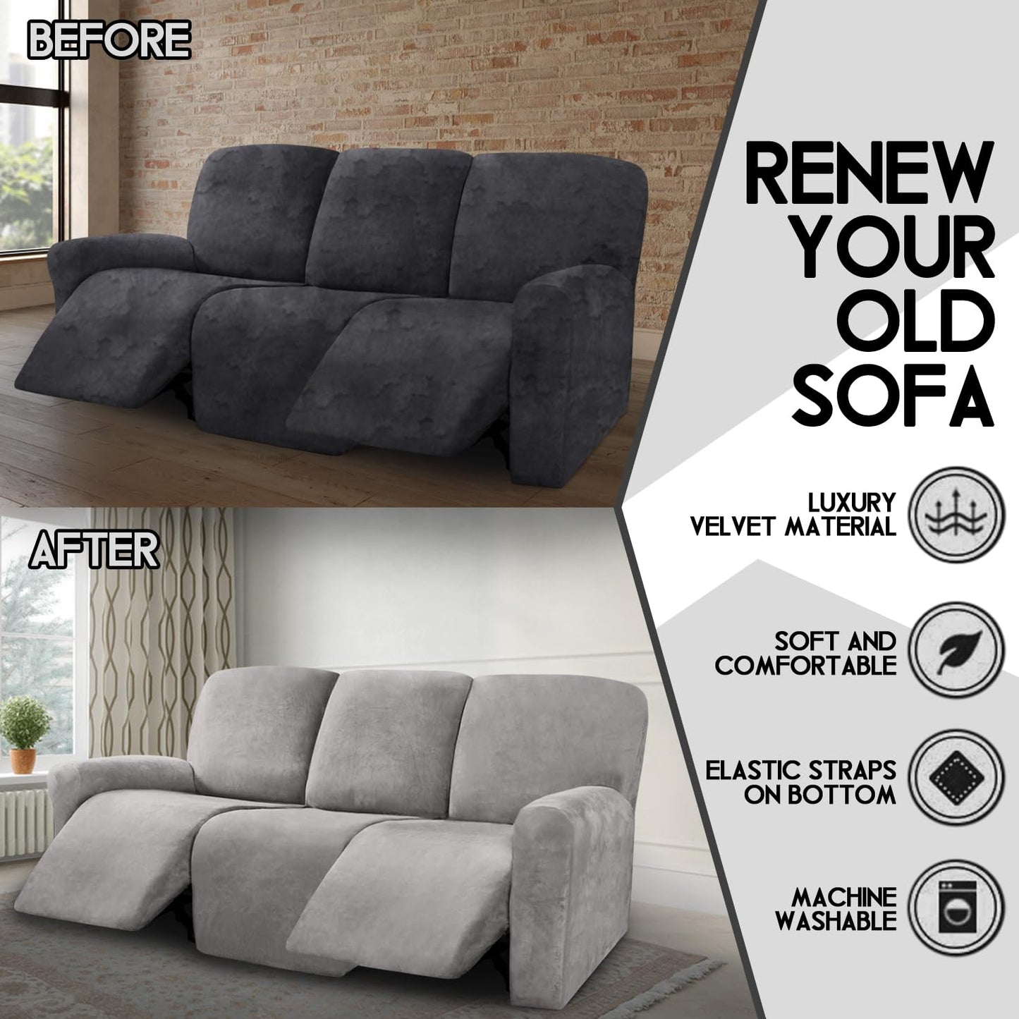 ULTICOR Velvet 8-Pieces Recliner Sofa Covers Stretch Reclining Couch Covers for 3 Cushion Reclining Sofa Slipcovers Furniture Covers Thick Soft Washable (3 Seater Recliner Cover, Light Grey)
