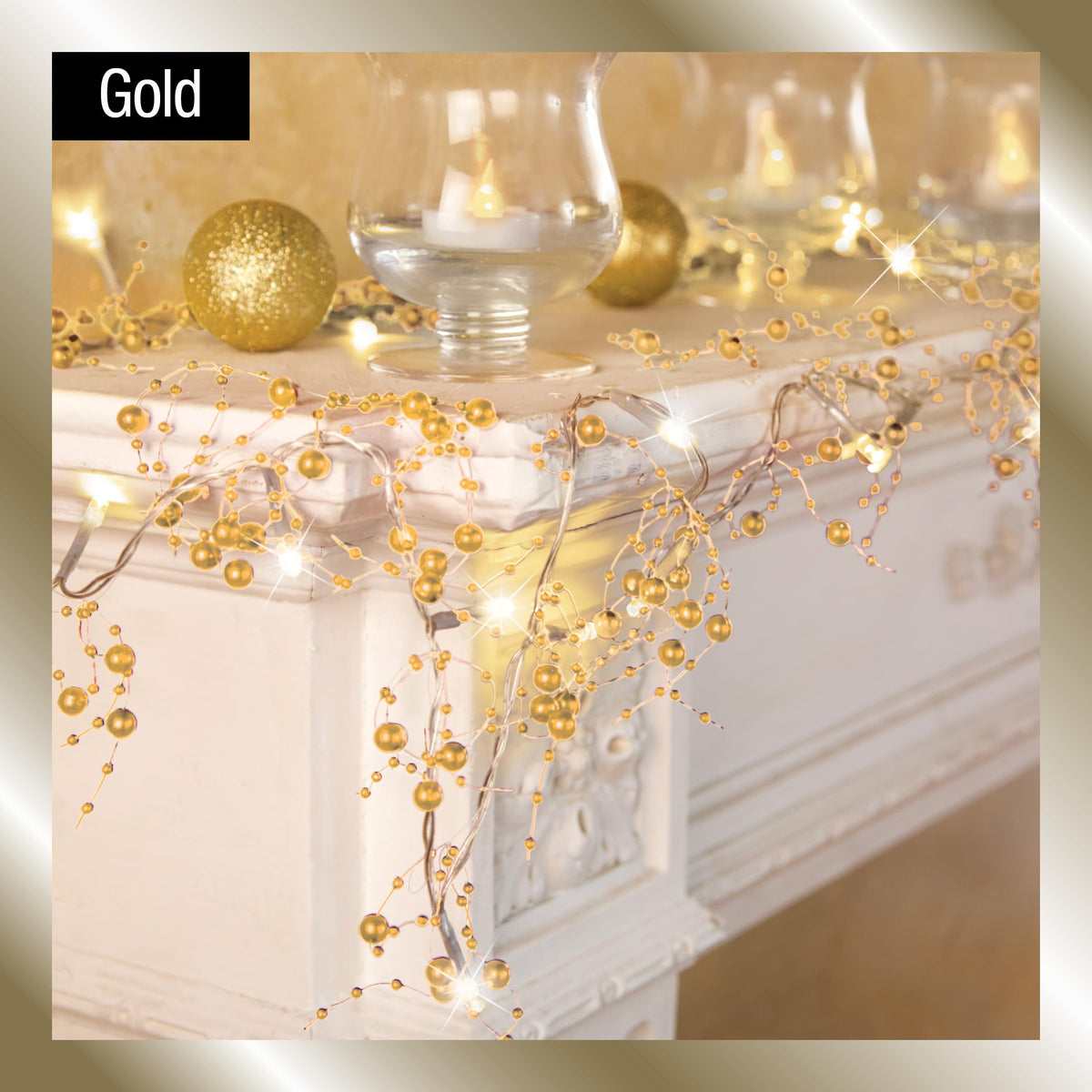 Collections Etc Indoor Christmas Decorations, Festive Lighted Berry Beaded Garland Gold- 120" L