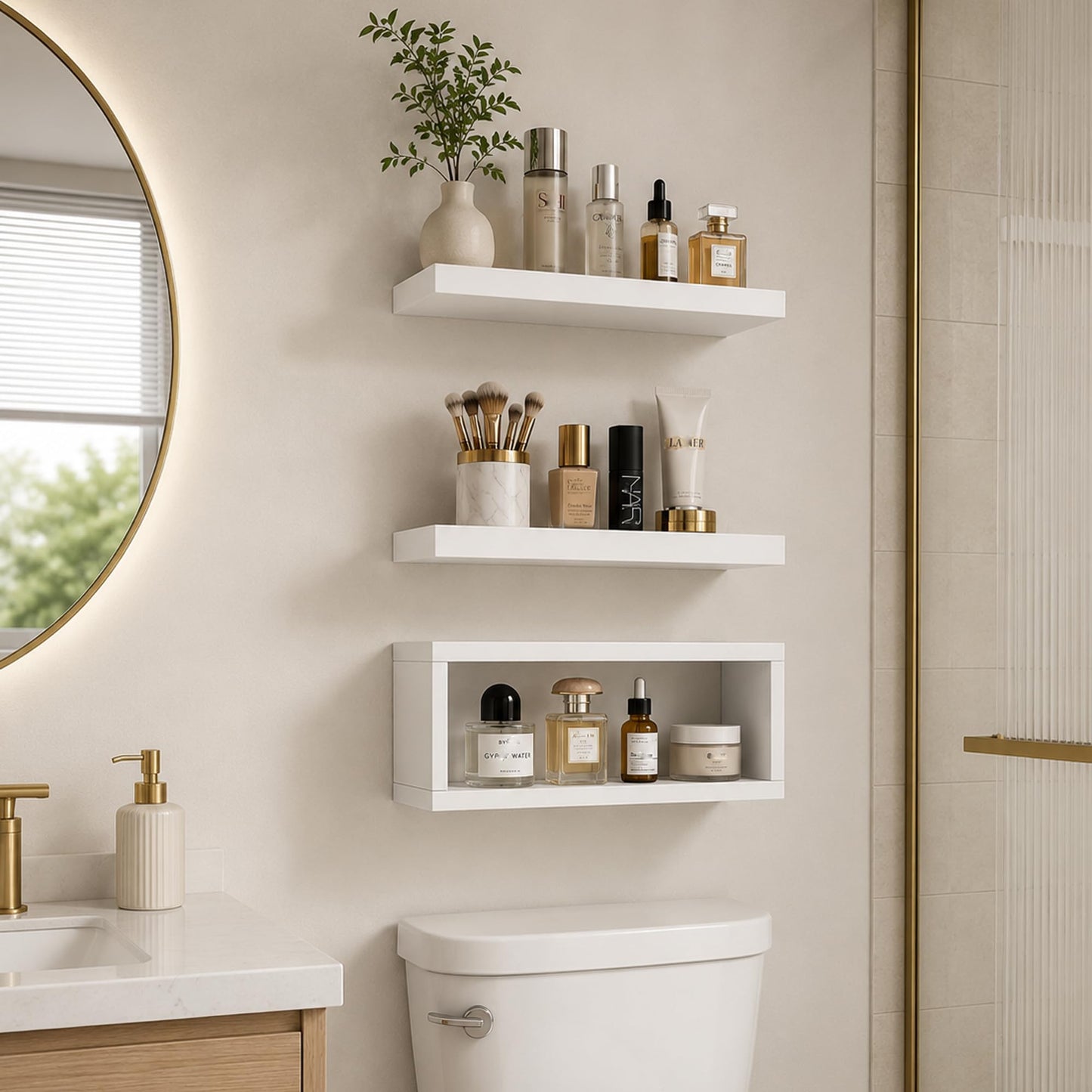 RANK Bathroom Shelves Over Toilet - Wall Mounted Floating Shelves Toilet Paper Storage Small White Decor Shelf 16 inch Set of 3