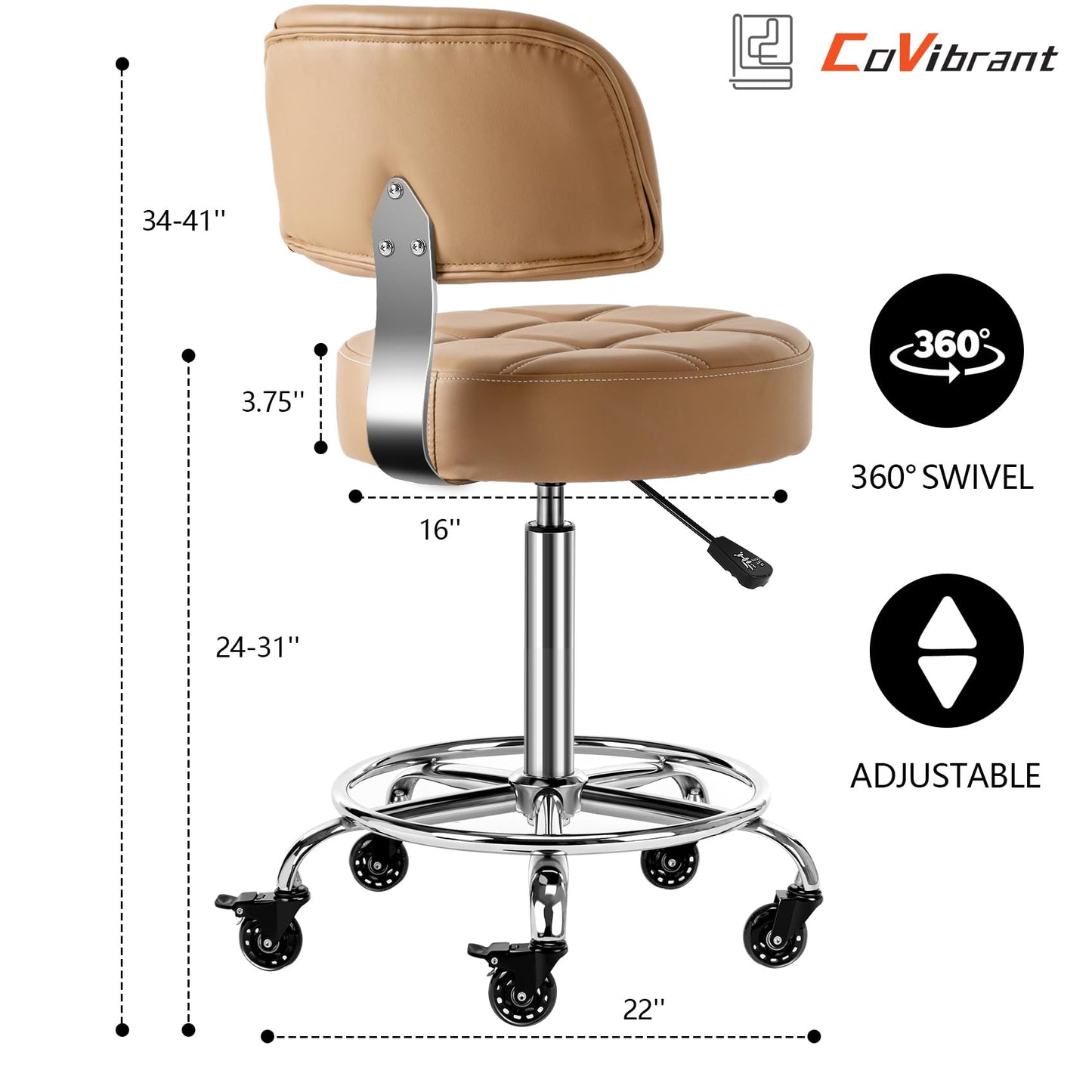 CoVibrant Lockable Stool with Back and Foot Rest Ergonomic Rolling Hydraulic Adjustable Stool for Doctor Esthetician Artist Home Small Office Desk (Camel, 24''-31'')