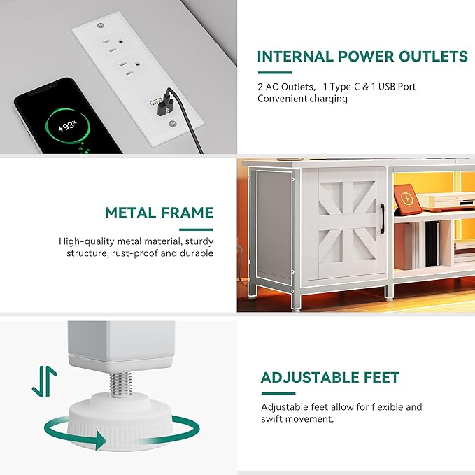 YITAHOME TV Stand with LED Lights & Charging Station, Farmhouse Entertainment