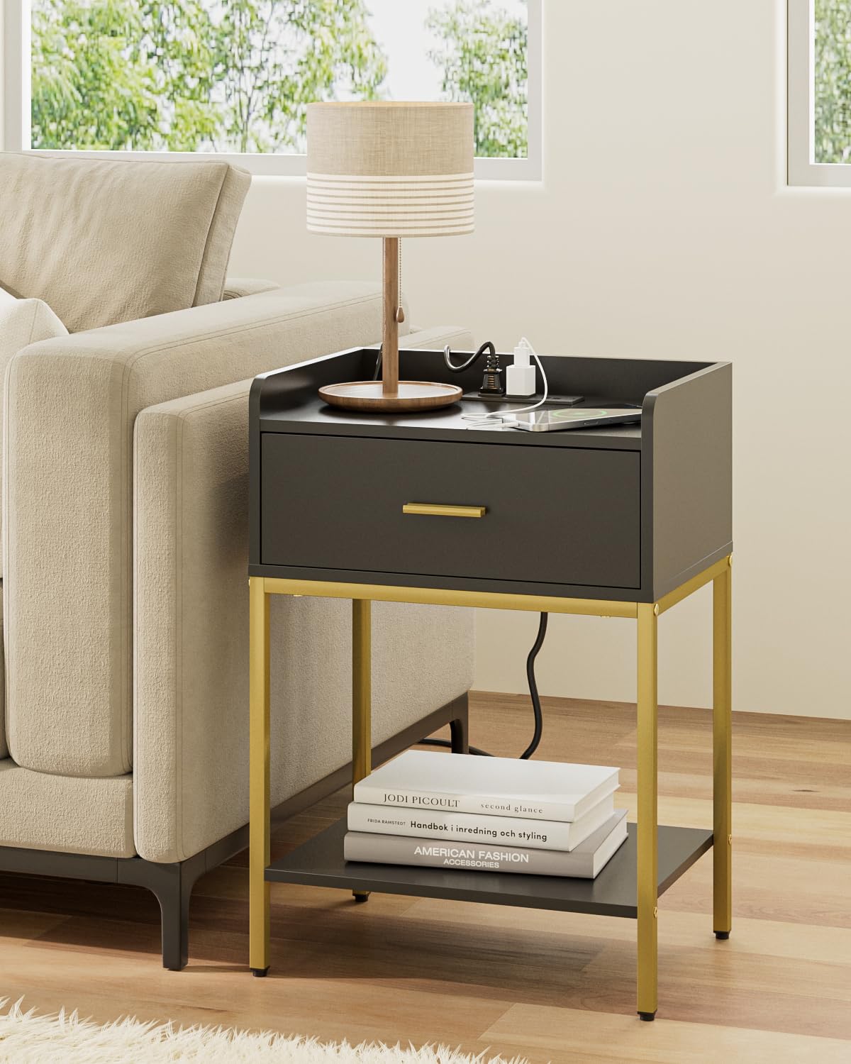 Apetaccat Nightstand with Charging Station,3-Tier Bedside Table for Small Space,Modern Night Stand with Storage Drawer and Shelf,Small Side Table for Bedroom,Living Room,Black