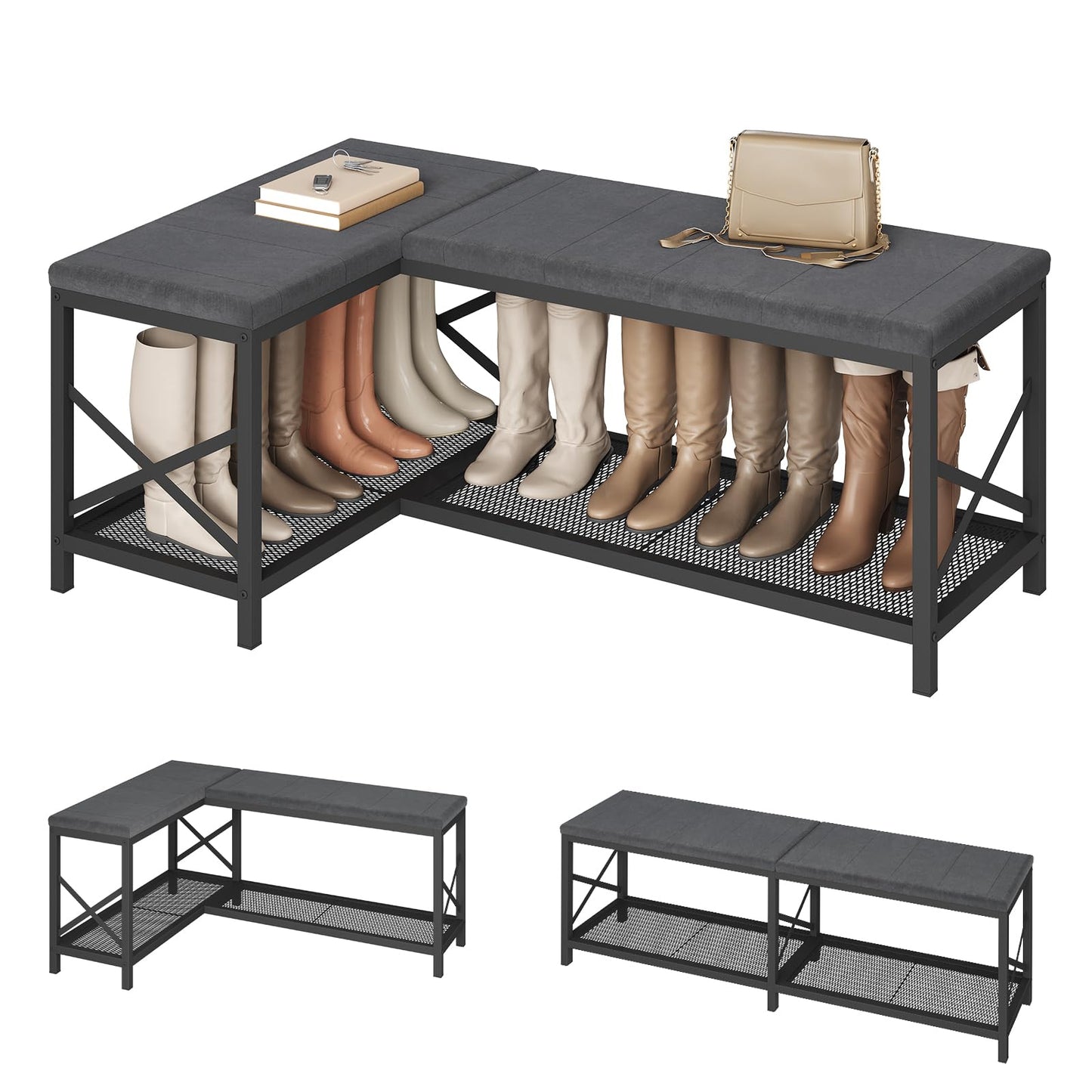 YATINEY L-Shaped Shoe Bench with Cushion, 59.1" Entryway Shoe Storage Bench
