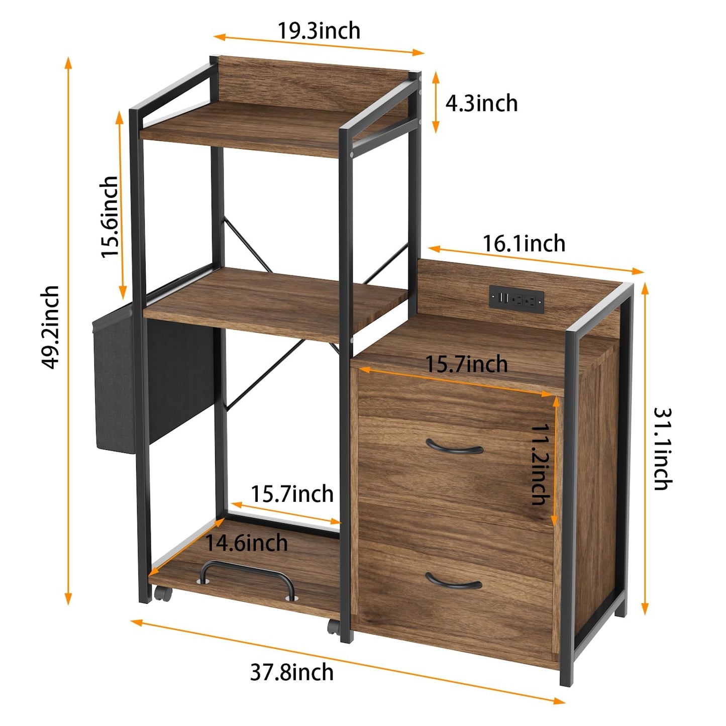 GarveeLife File Cabinet Furniture, Filing Cabinet with 2 Drawers, Rolling Printer Stand with Open Storage Shelves for Home Office, Printer Stand with Power Strip & LED Lights, 49.2" h, Rustic Brown