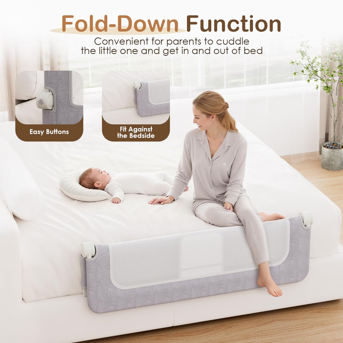 Kincongi Bed Rail for Toddlers, 59 Inch Wider U-Shape Base Toddler Bed Rails, Swing Down Breathable Baby Bed Rail Guard for King, Queen, Full, Twin Bed Guard Rail for Toddlers