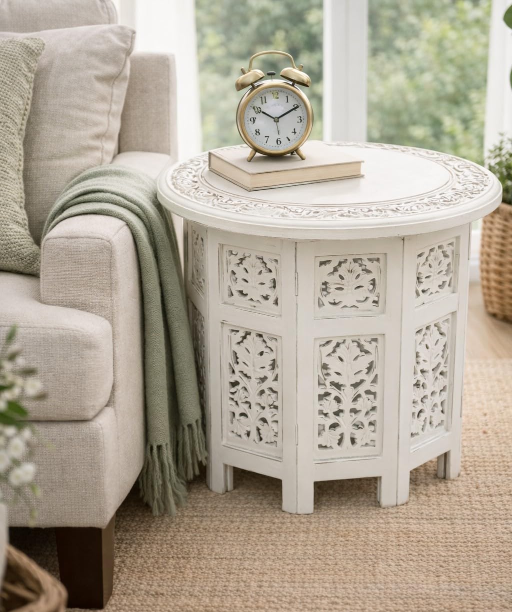 The Wooden Town Handcrafted White Wood End Table - Antique Finish, Small Accent Table 18"x18" for Living Room, Bedroom, Sofa Side or Nightstand Use