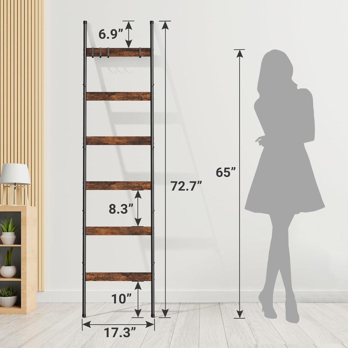 ELYKEN Blanket Ladder for Living Room, Farmhouse 6-Tier Quilt Holder with 4 Removable Hooks for Bathroom, Wood Towel Rack Display, Wall Anchor Leaning Decorative Stand for Home, Rustic Brown