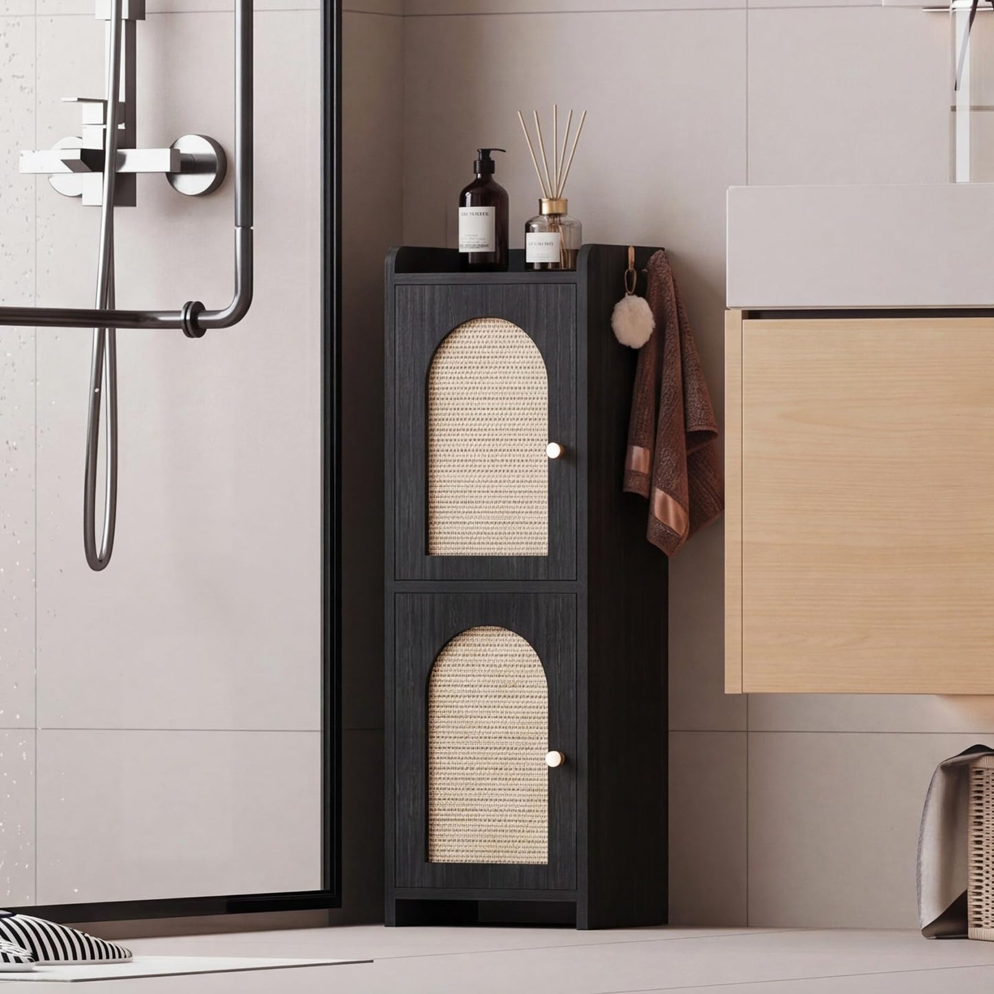Rattan Bathroom Storage Cabinet,Corner Floor Cabinet with 2 Doors and Adjustable Shelf, Narrow Toilet Paper Cabinets with 2Hooks,Toilet Organizer for Small Spaces,7.87"D*9.84"W*29.72"H（Black）