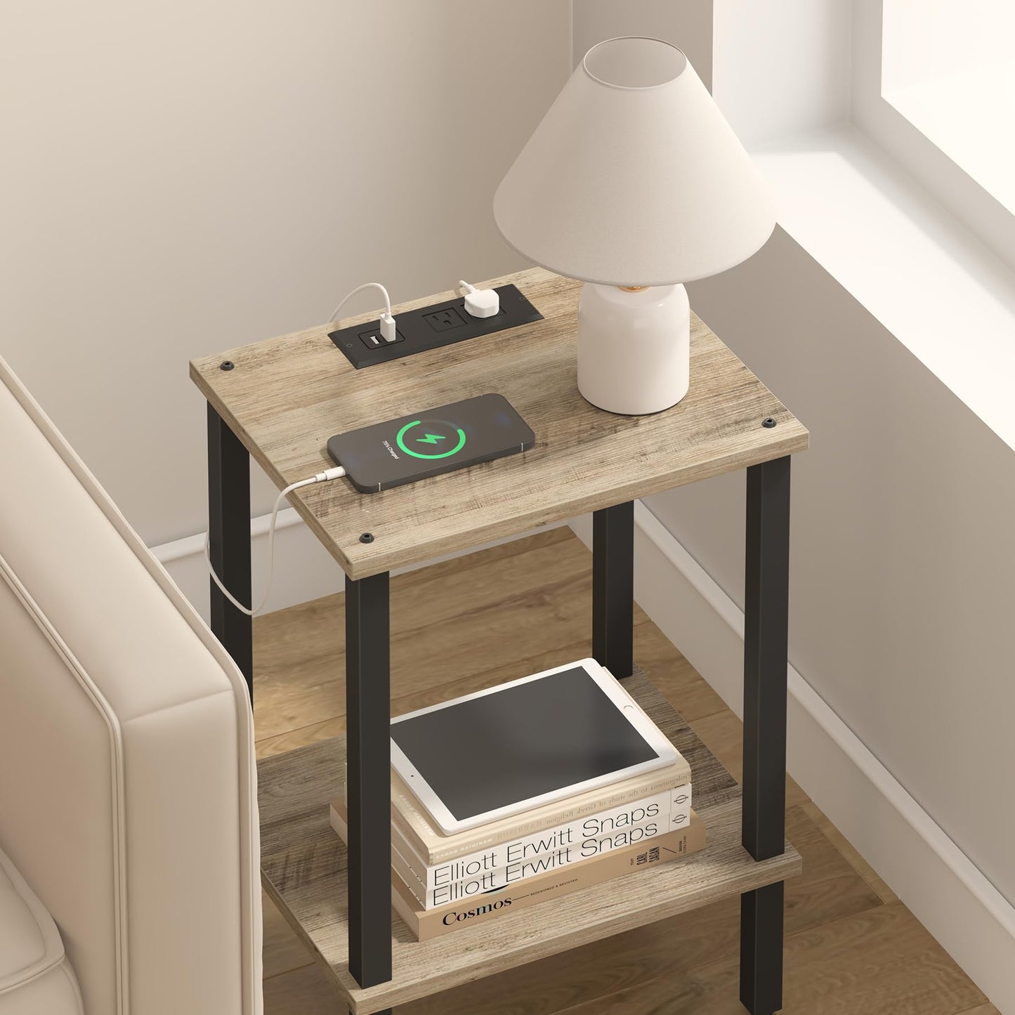 TUTOTAK End Table with Charging Station, Small Side Table with Outlets, Nightstand Bedside Table, 2-Tier Storage Shelf for Small Space, Living Room, Bedroom, Greige TB01BG040