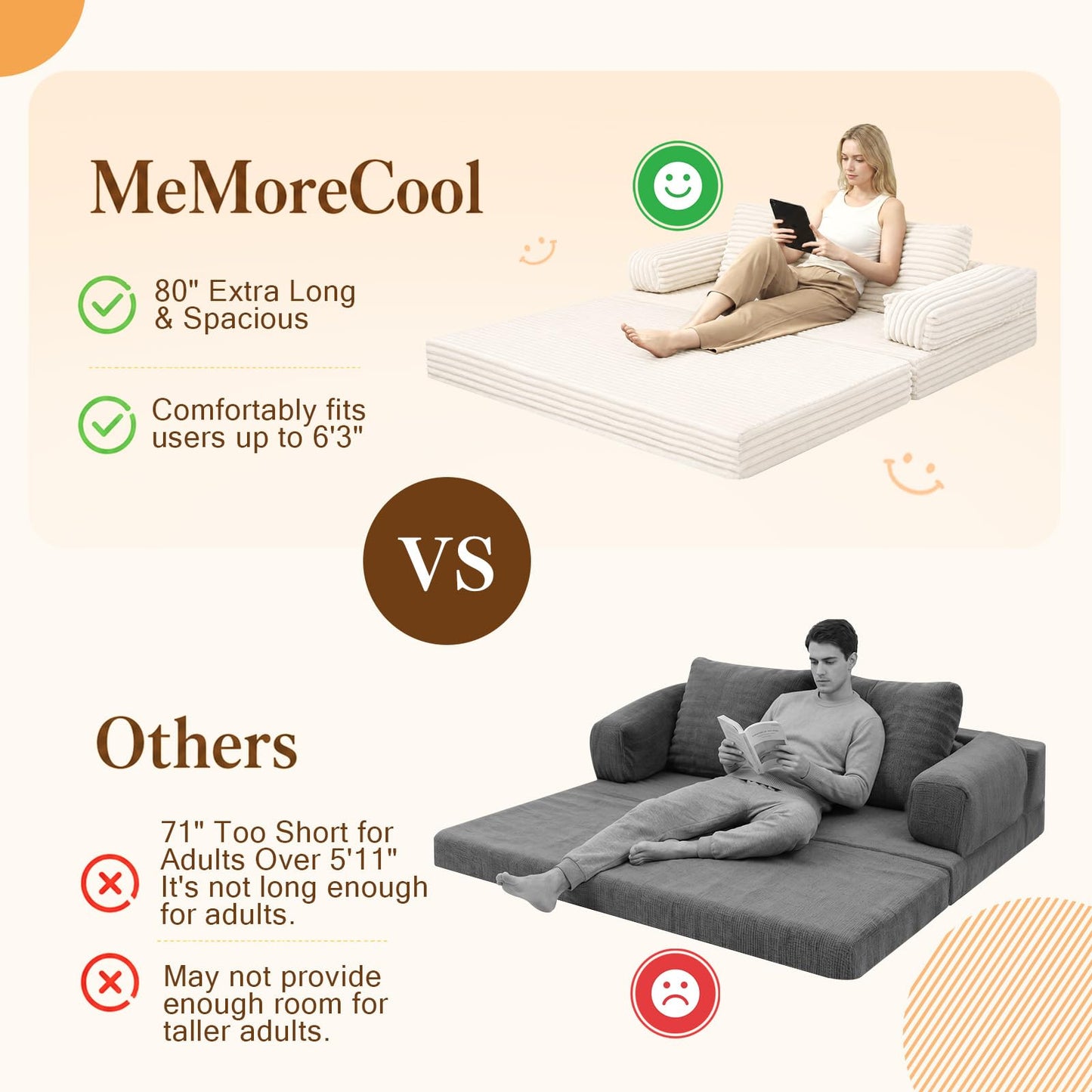 MeMoreCool Convertible Sofa Bed, Folding Floor Couch Bed Queen, Pull Out Sleeper Couch with Pillows, Fold Out Futon Sofa for Bedroom Living Room Small Space, Corduroy Beige