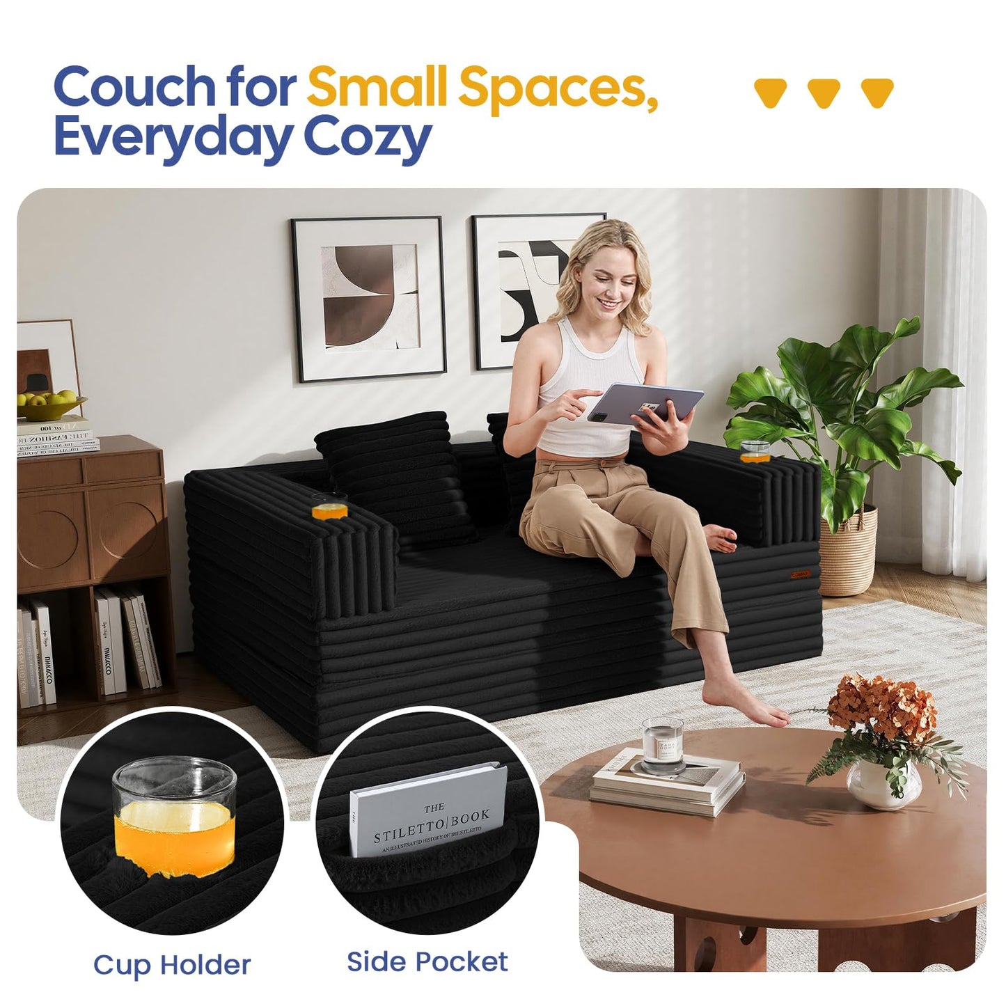 COMAX Futon Sofa Bed, 4‑in‑1 Convertible Sofa Bed, Boneless Couches for Living Room, Fold Out Small Foldable Loveseat Space‑Saving, Jet Black
