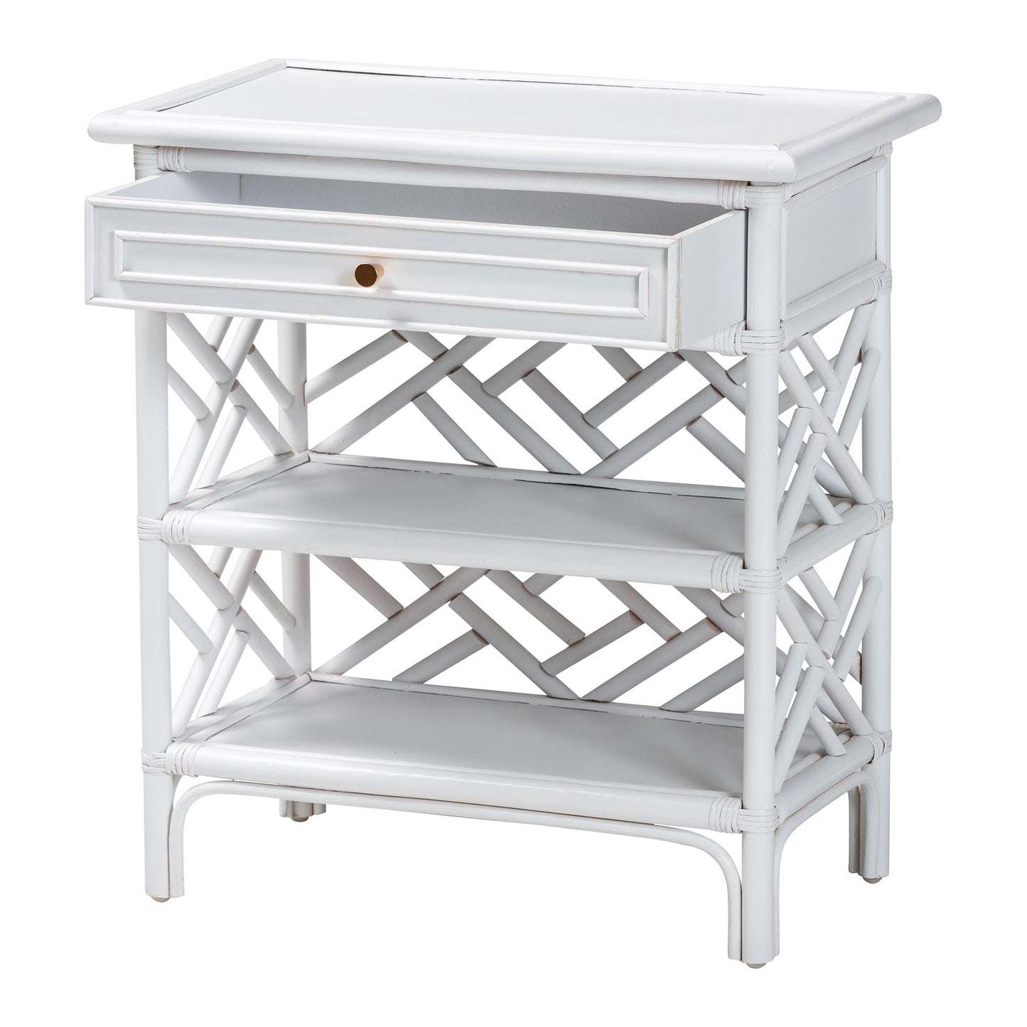 bali & pari Tiaret Natural Rattan Nightstand with Drawer and Shelves – Chippendale-Style Bedside Table for Bedroom or Coastal Living Spaces, White, 1-Drawer, 24-inch Wide
