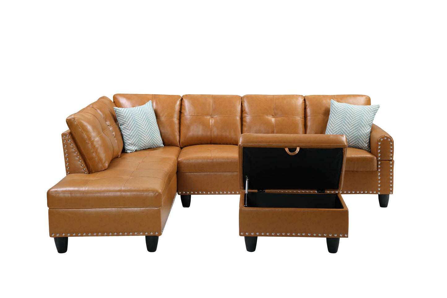 Ball & Cast 98" L Shaped Sectional Couch for Living Room with Chaise&Storage Ottoman,4 Seat Faux Leather Upholstered Modular Sectional Sofa Set 3 PCS W/Cup Holders&Coffee Table,for Home,Office,Ginger