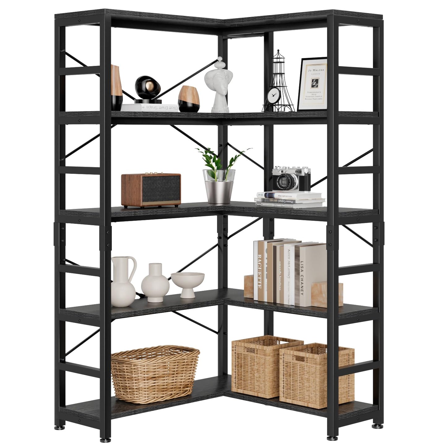 NUMENN 5 Tier Corner Bookshelf, Modern Corner Bookcase, Large Open Shelf Bookcase, Tall Bookshelves Storage Display Rack for Bedroom, Living Room and Home Office, Black