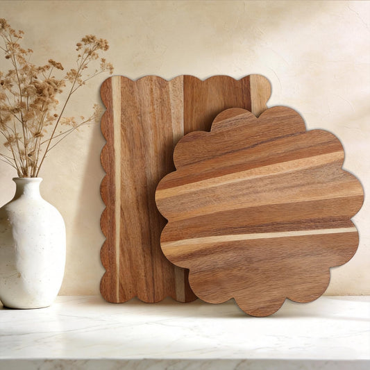 Acacia Wood Scalloped Cutting Boards Set, Decorative Wooden Charcuterie Boards with Handle for Cheese Pizza Meat Fruit Bread Baking, Cottagecore Farmhouse Kitchen Serving Trays Decor (2, no handle)