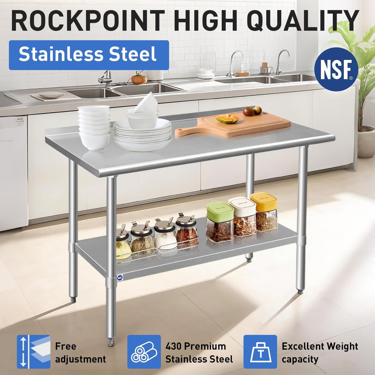 ROCKPOINT Stainless Steel Table for Prep & Work with Backsplash 24x30 Inches, NSF Metal Commercial Kitchen Heavy Duty Table with Adjustable Under Shelf and Table Foot for Restaurant, Home and Hotel