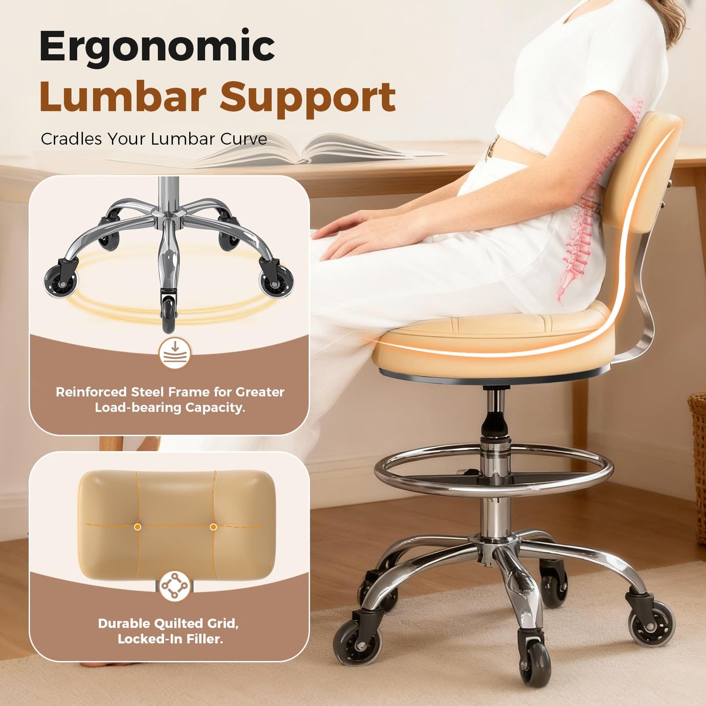 FREEKYROCK Office Drafting Chair with Footrest, Tall Height Adjustable Stool with Back Support, Heavy Duty Rolling Stool Chair with Wheels for Office Home Kitchen Bar Shop Guitar Studio Vanity, White