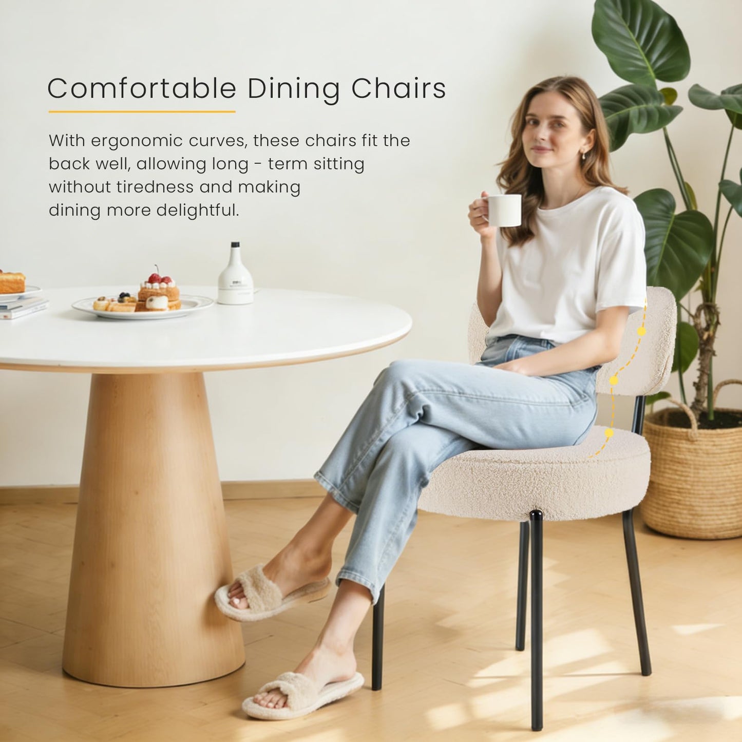 DUMOS Dining Chairs Set of 4, Mid Century Modern Chair Round Upholstered Curved Backrest, Kitchen Vanity Living Room Chairs with Black Metal Legs，Light Beige