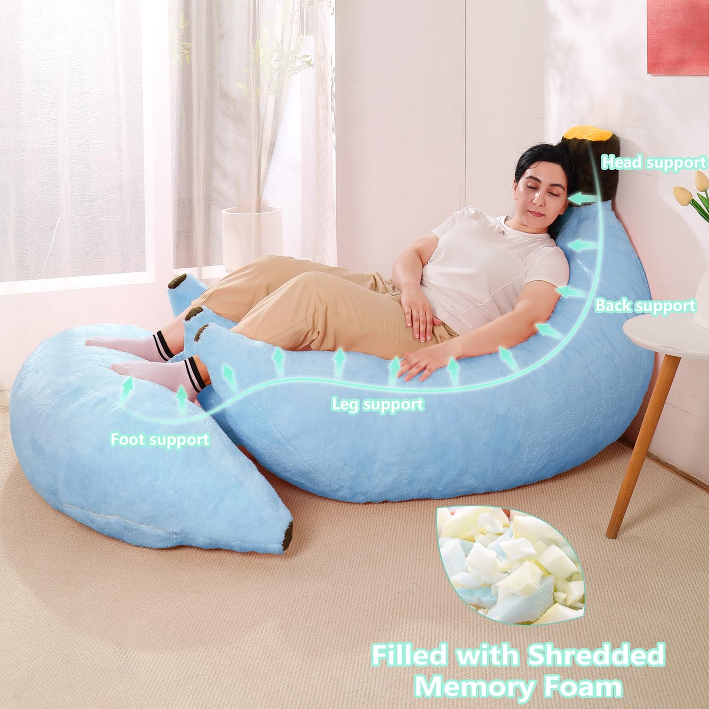 IEVENW Banana Bean Bag Chair with Ottoman, Floor Sofa Bed with Footrest, Comfy Convertible Lounger for Adults, Plush Couch for Bedroom, Living Room or Dorm, L-SkyBlue