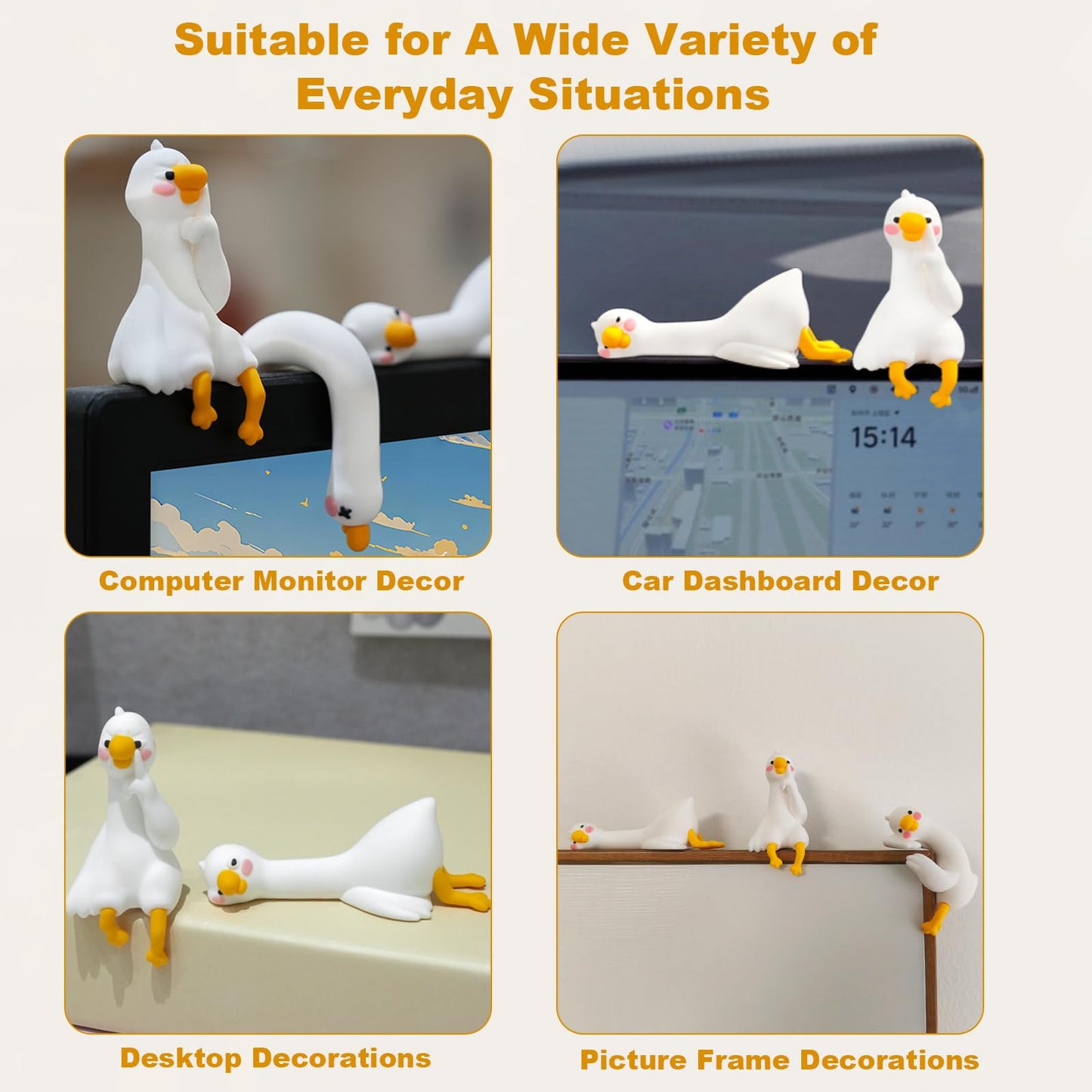 CIGYPLICI 4 PCS Resin Goose Figurine Computer Monitor Decor,Cute Mini Goose Statues for Car Dashboard,Funny Desk/TV/Photo Frame Decorations (White Goose)