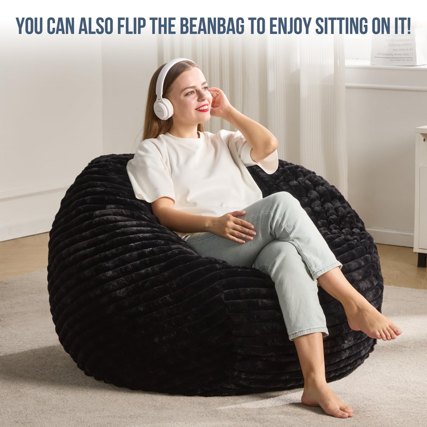 Hobestluk 3ft Bean Bag Chairs for Adults Large Beanbag Chair with Stripe Plush Cover Big Bean Bag Chair for Living Room Bedroom Dorm Office - Black (36” x 36” x 22”)