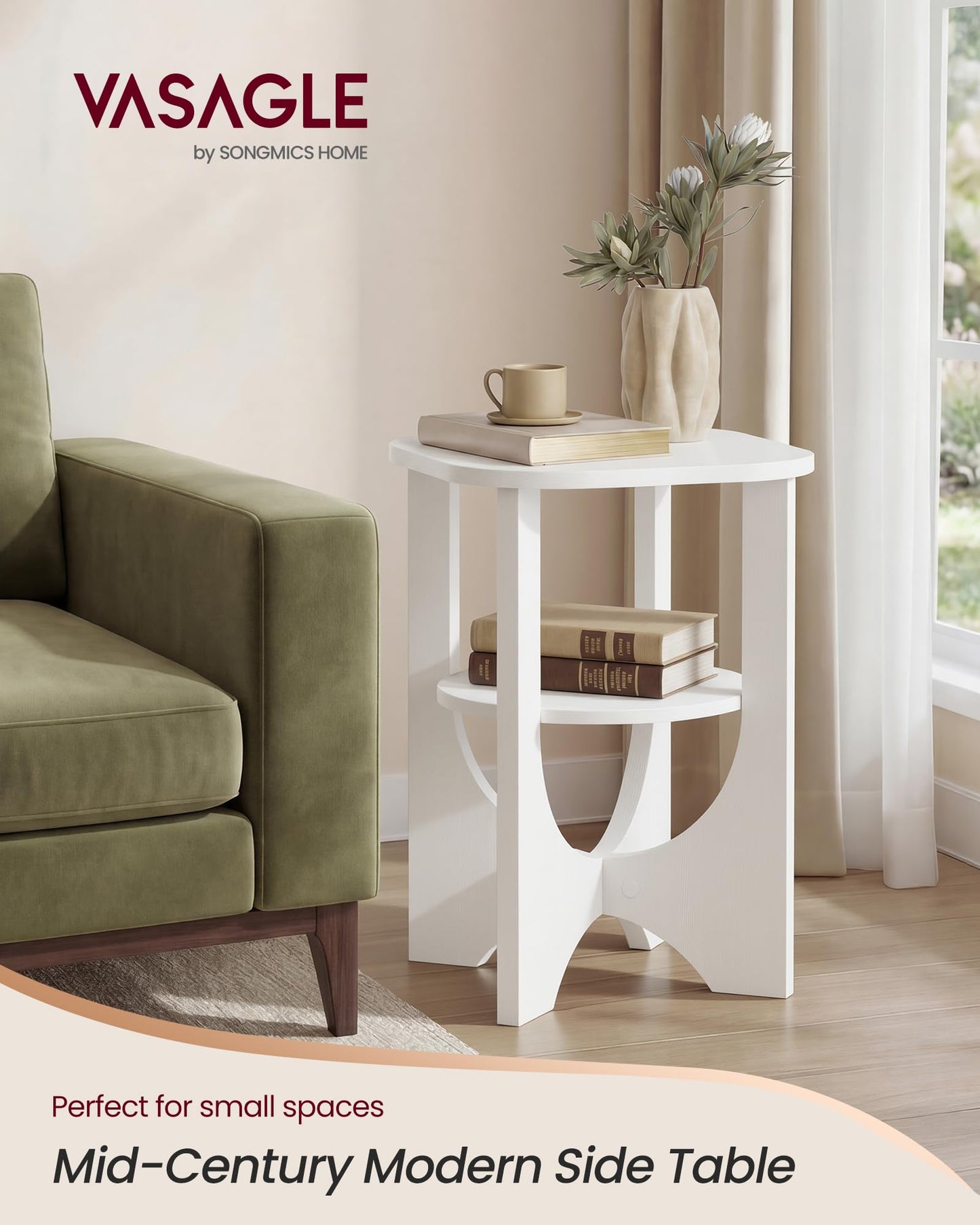 VASAGLE Side Table, 2 Tier Small Accent End Table, Nightstand with Lower Shelf for Small Spaces, Living Room, Bedroom, Cloud White ULET233W101S