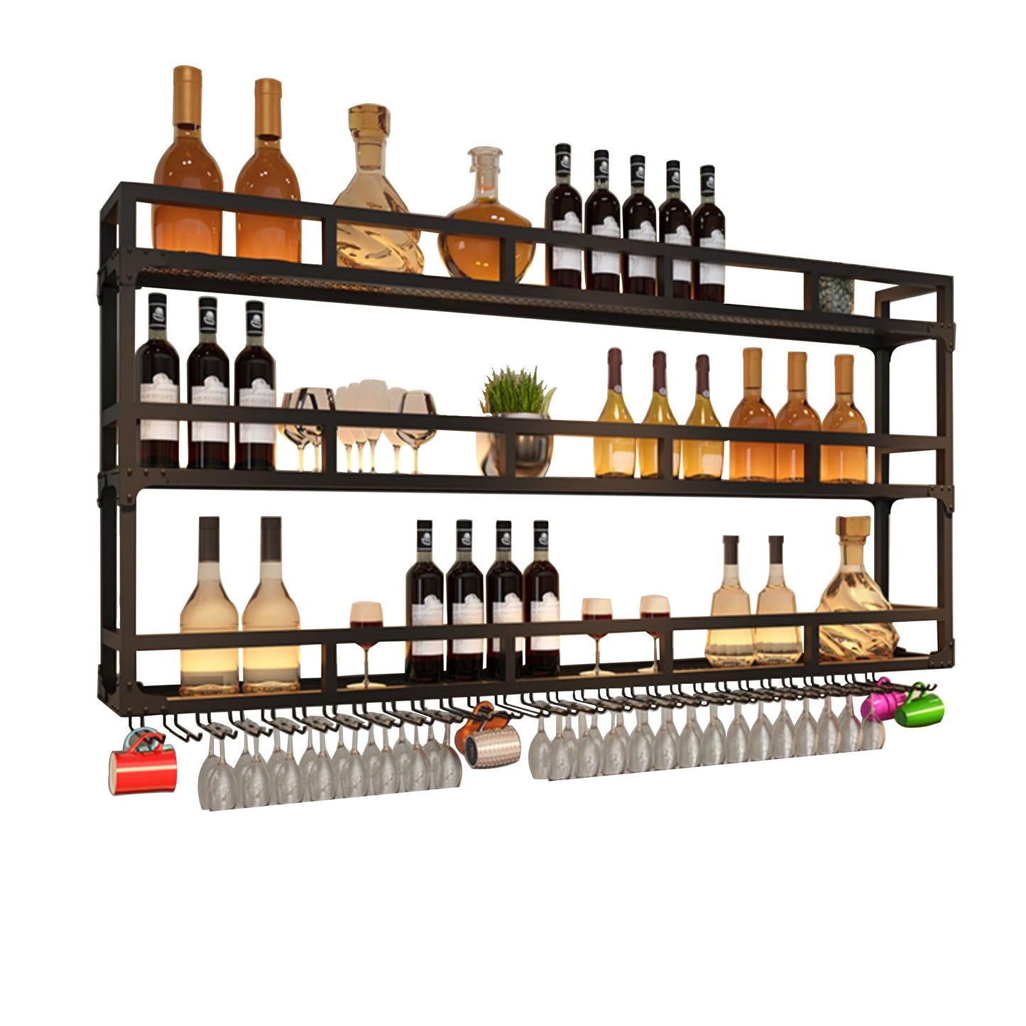 GBRMZOP Wall Mounted Wine Rack with LED Light Floating Bar Shelf & Liquor Bottle Display Kitchen Wall Shelf with Hanging Wine Glass Rack Stylish Home Bar & Cafe Decor (Black)