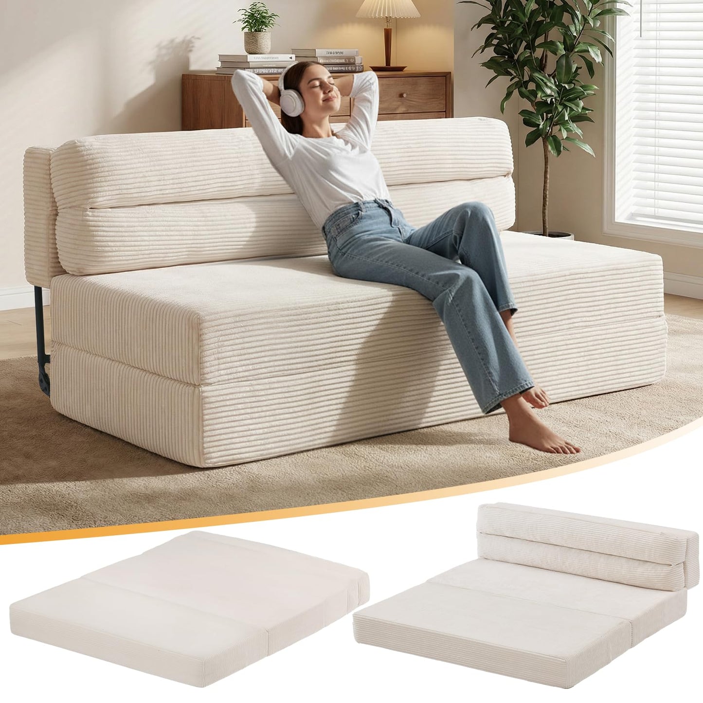 feliz home Folding Mattress, 3 in 1 Convertible Sofa Bed Fold Out Couch Bed Floor Couch Lounge Sleeper Mattress for Living Room, Guest Room (Beige, Full (Frame Included))