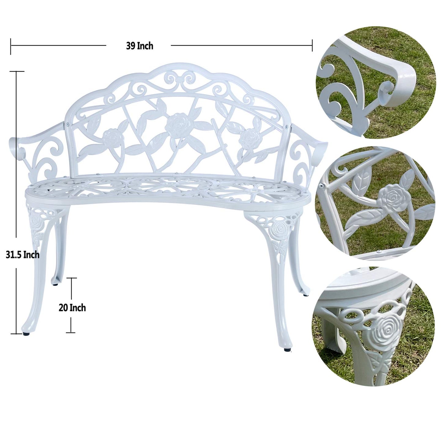 Mandolin Outdoor Benc Park Garden Chair,All Chair Anti Rust Cast Aluminum Patio Yard Bench,Carved Rose Loveseat Bench for Backyard .Porch.Balcony.Lawn (White)