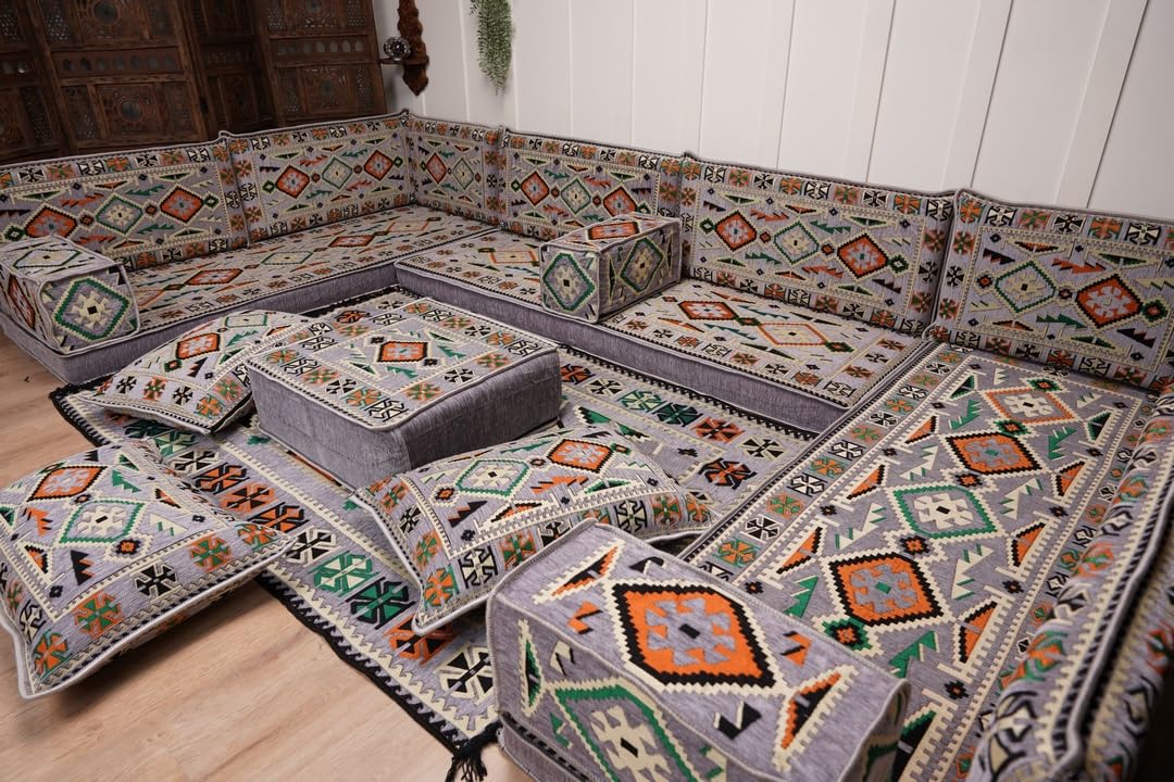 arabicsofa U Shaped Arabic Floor Seating – Handmade Majlis Set– Bohemian Style Sofa