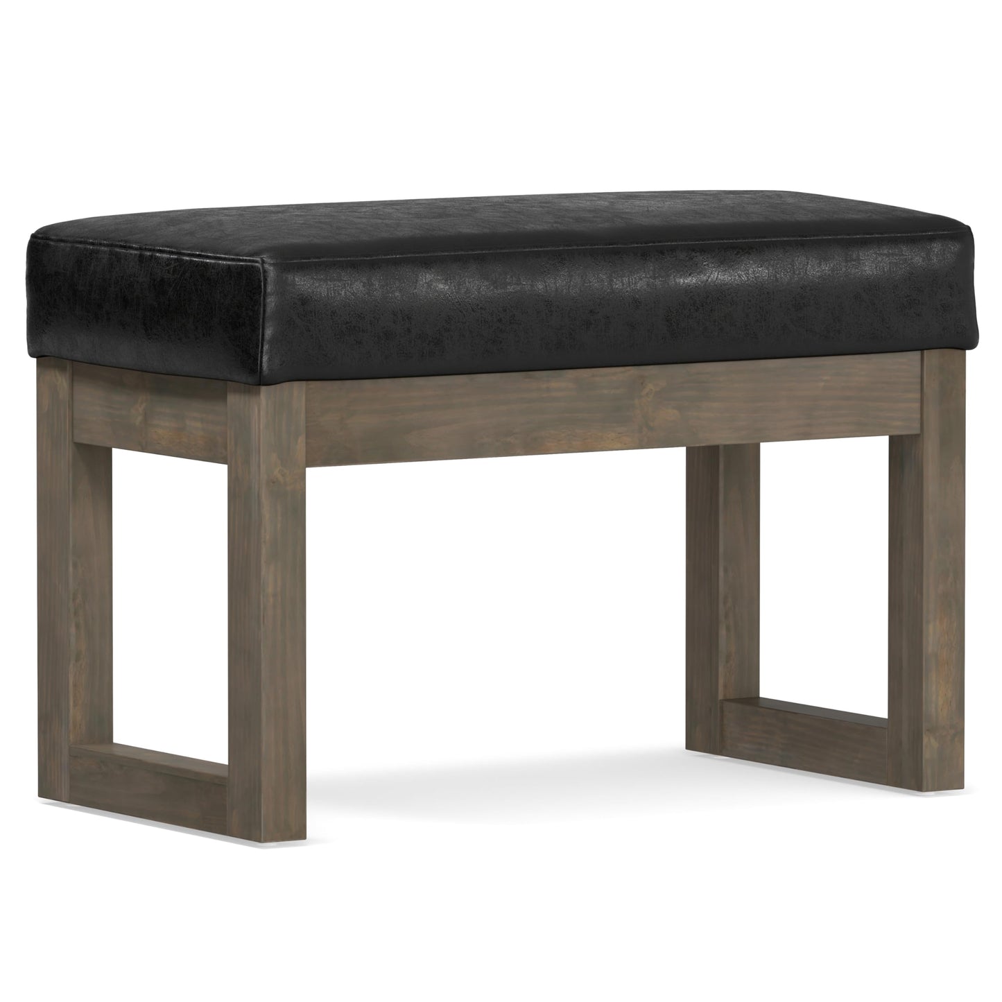 SIMPLIHOME Milltown Small Ottoman Bench - 27" Wide x 18" High Upholstered Vegan Leather Rectangle Footstool Ottoman in Distressed Black, Contemporary Bench for Bedroom with Cushioned Seat, Assembled