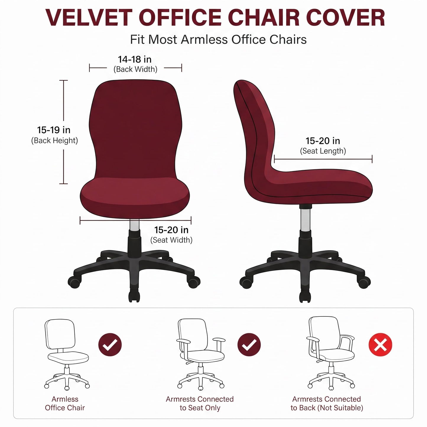 Deisy Dee Velvet Stretch Armless Office Chair Covers - Colorful Stretch Slipcover for Desk Chairs (Burgandy)