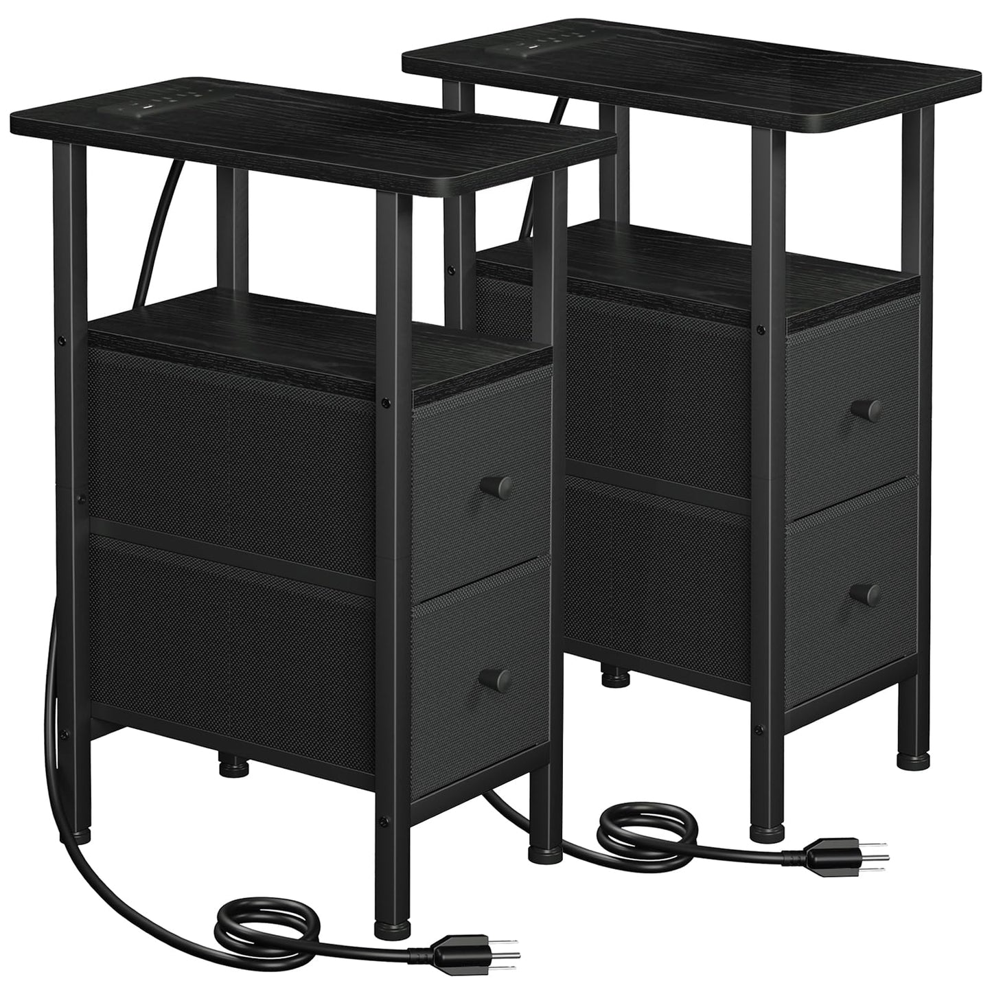 LOAKEKEL Narrow Nightstand with Charging Station, End Tables Living Room Set of 2, Skinny Side Table with Fabric Drawers, Slim Sofa Table for Bedroom, Small Spaces, Couch, Black, HETNDP02BK