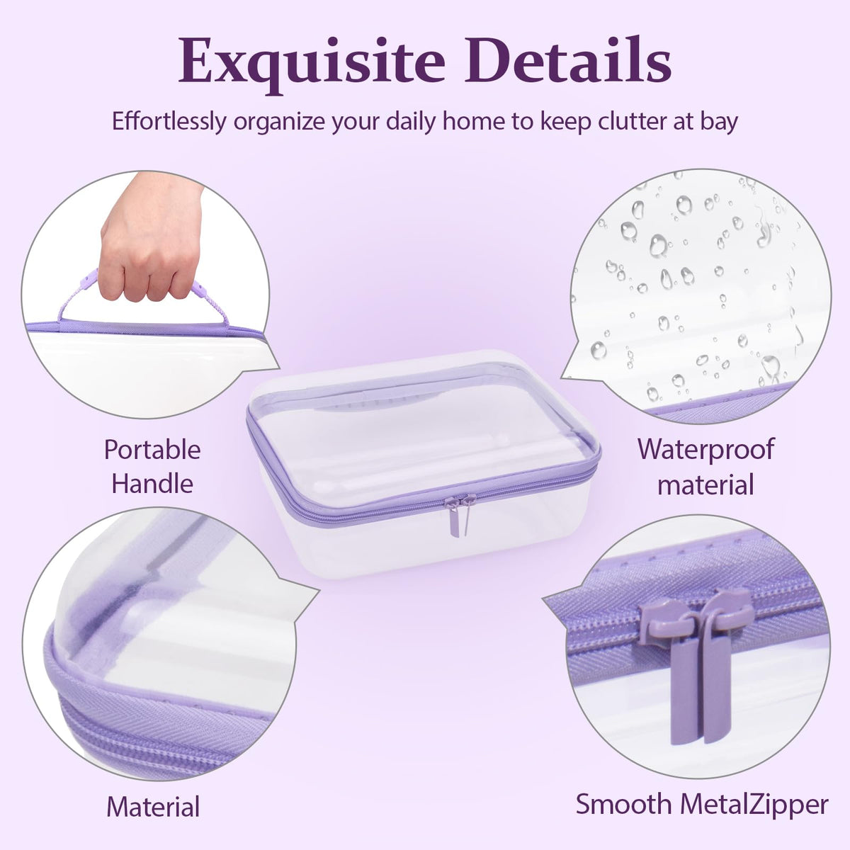 JeeVoya 3 PCS Clear Zipper Pouches with Handle, Diaper Bag Organizer, Clear Makeup Bags Hardshell Toy Storage Bins with Zipper Toiletry Pouch Bag for Cosmetics Pencils Puzzles, Building Blocks(Purple)