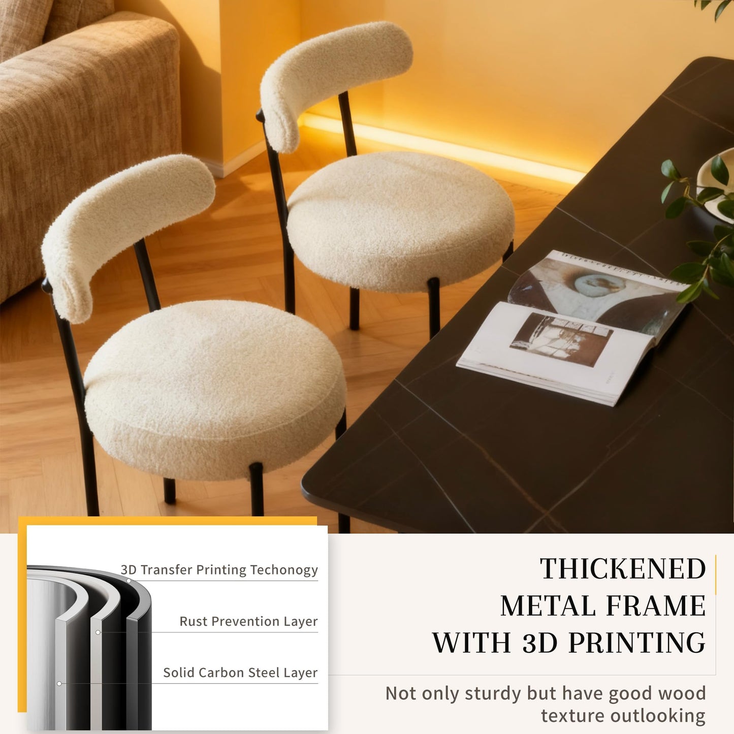 khumllo Dining Chairs Set of 2, Boucle Upholstered Modern Mid Century Round Kitchen Chairs with Curved Backrest & Metal Legs for Vanity, Living Room (Light Gray)