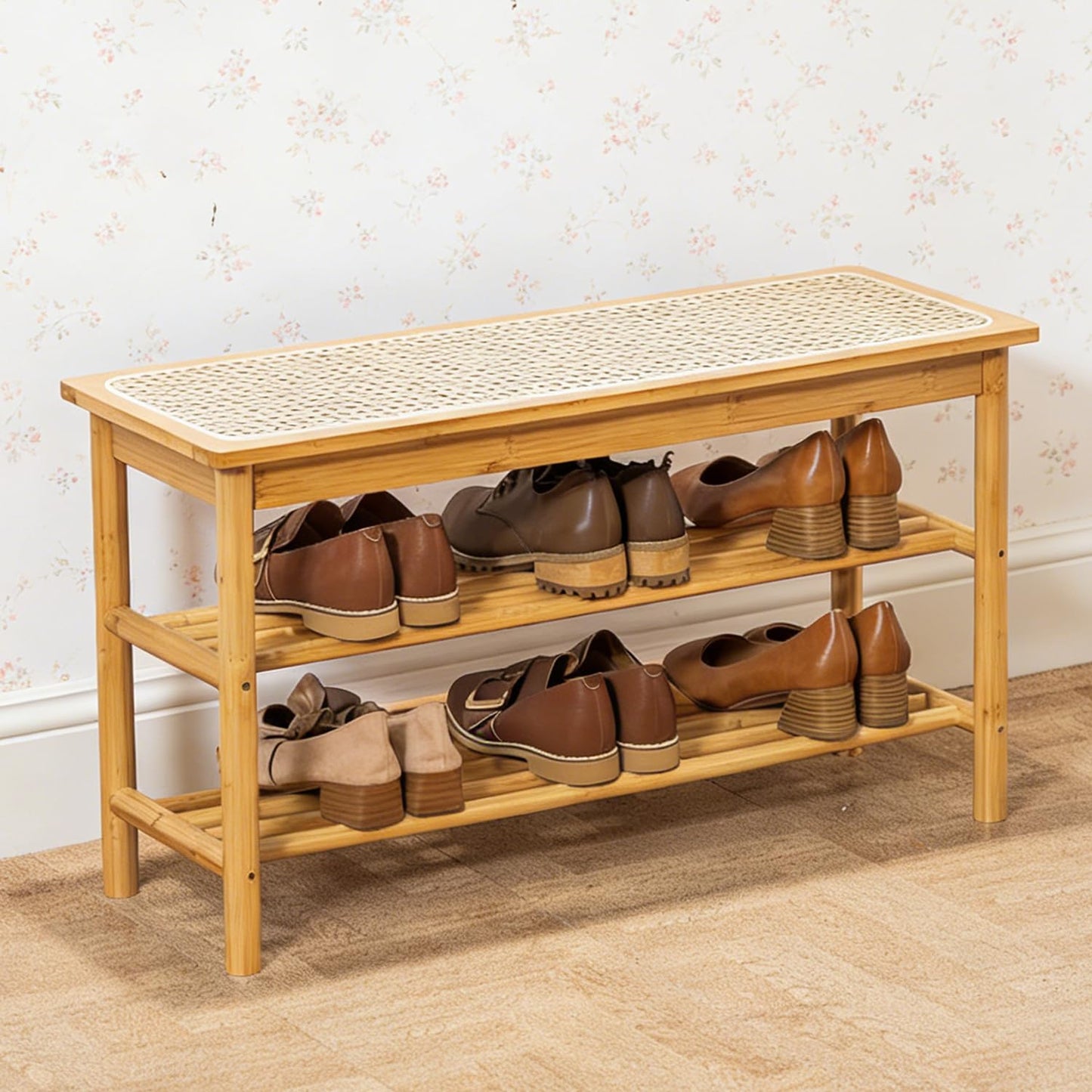 latifolia Shoe Rack Bench, 3-Tier Bamboo Shoe Bench with Breathable Rattan Seat Cushion, Shoe Storage Rack for Entryway(Nautre,31.50''L)
