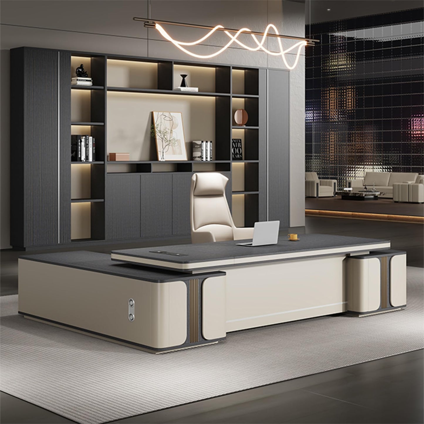 LSIGHTUS 94" Executive Desk - L Shaped Office Desk with Drawers, Modern Large Home Computer Table with Storage Shelves and Cable Management Box Gaming Study Table Business Furniture for CEO, Boss