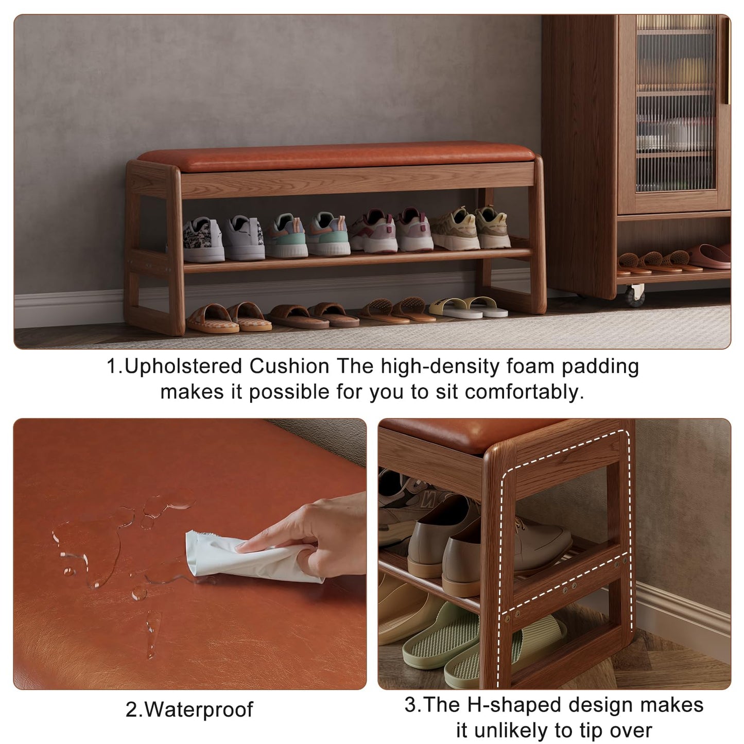 AQIMUELE Shoe Rack Bench,2 Tiers Shoe Bench with Storage with Flip-Top,Wood Shoe Rack for Entryway,Hallway（Orange Upholstered Seat,11.8" D x 39.3" W x 15.7" H）