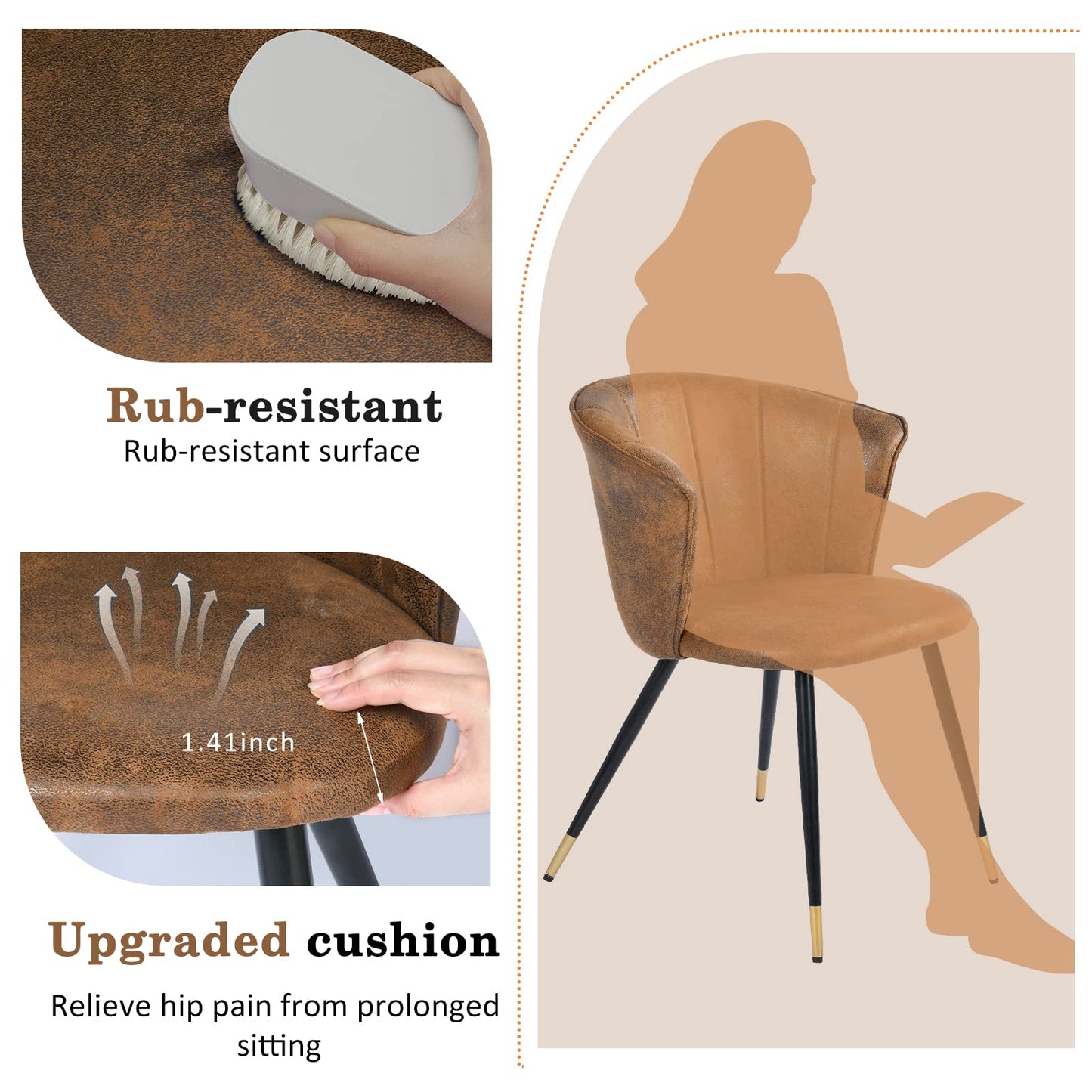 FurnitureR Vintage Set of 2 with Armrest Suede Modern Living Accent Side Club Guest with Black Golden Legs Room Dining Chair, Brown