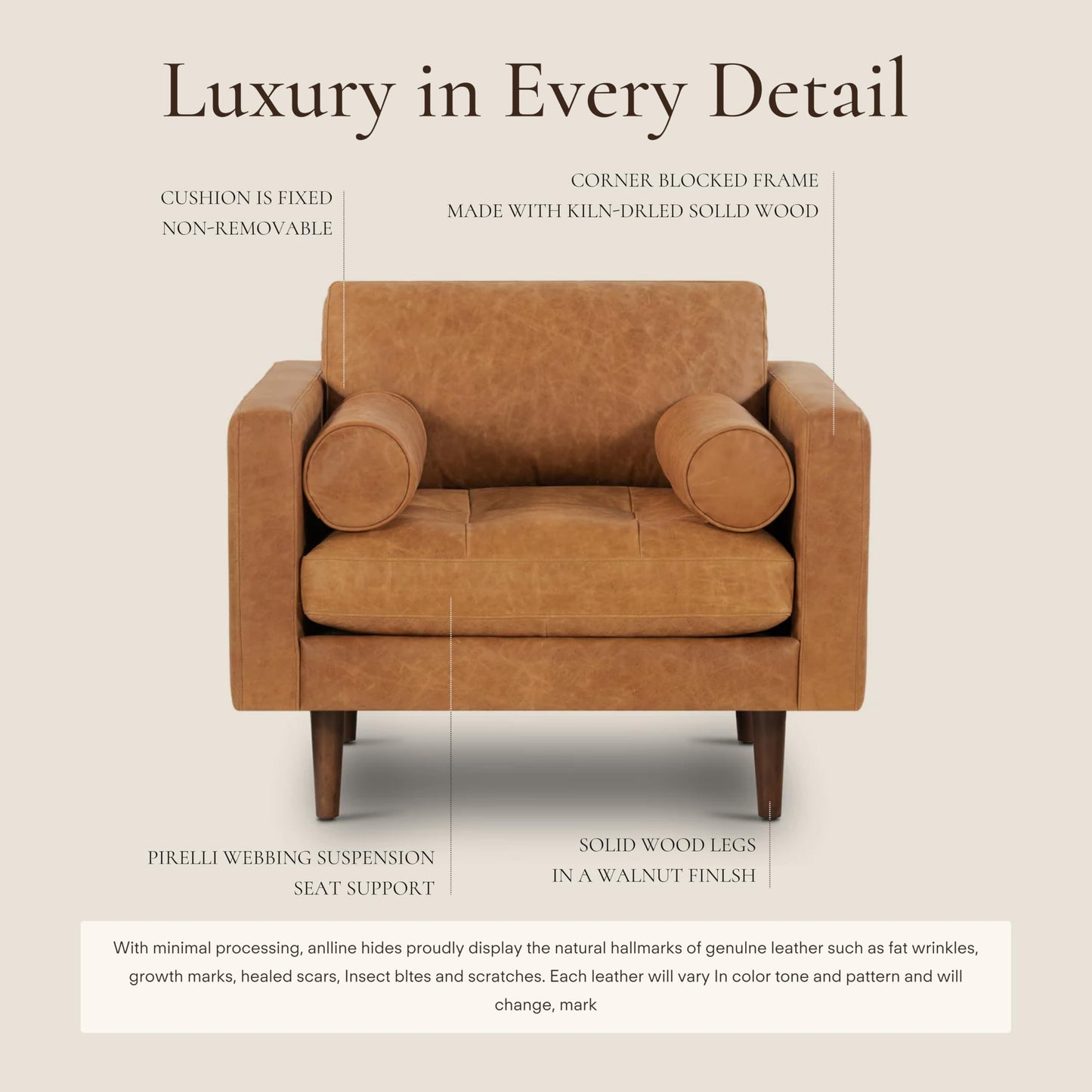 POLY & BARK Napa Lounge Chair – 42” – Cognac Tan – Italian-Tanned Full-Grain Pure-Aniline Leather, Feather-Down Cushions, Solid Wood Frame