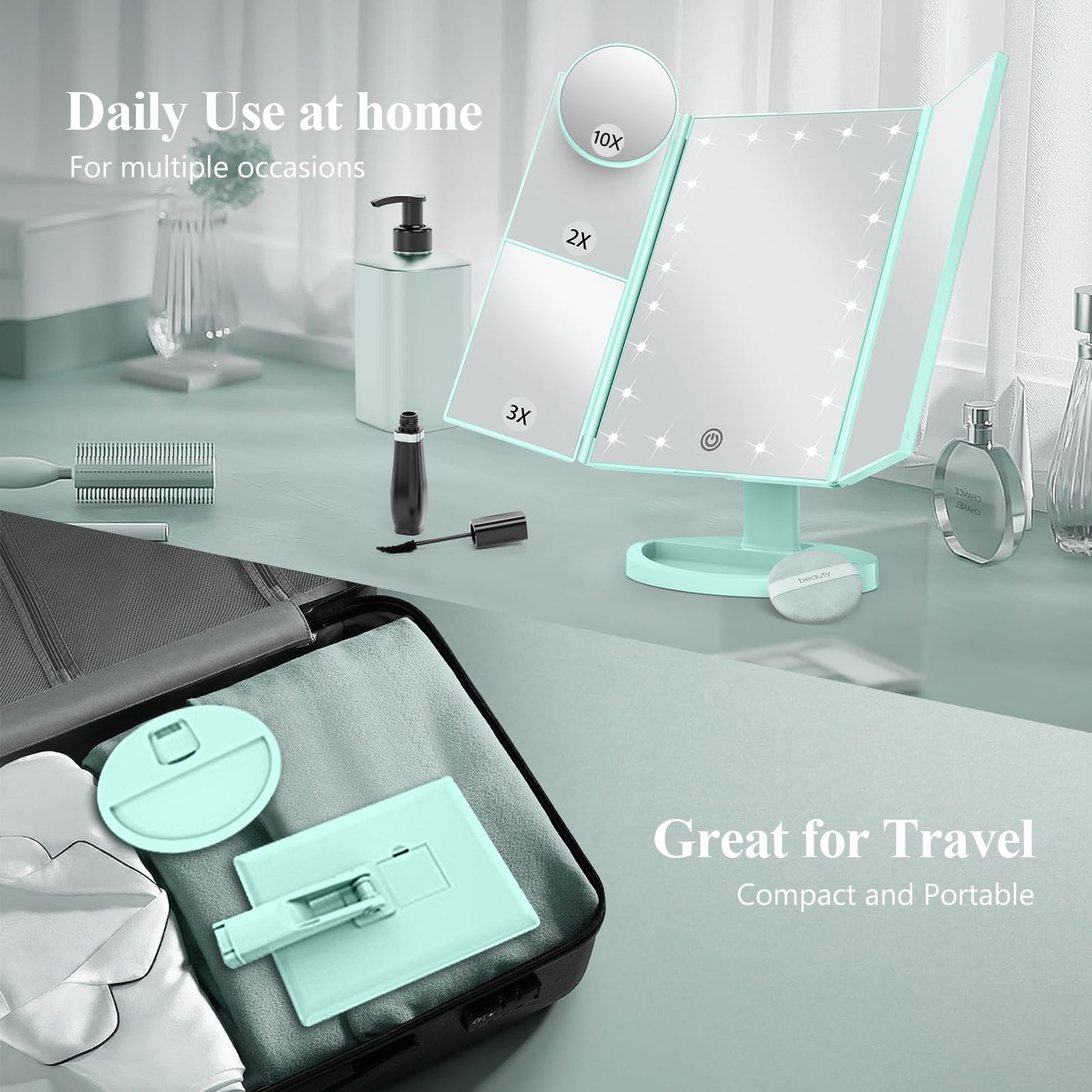 HUONUL Makeup Mirror, Vanity Mirror with Lights, 2X/3X/10X Magnification, Touch Control, Trifold Mirror, Dual Power Supply, Valentines Day Gifts for Her,Gifts for Women, Wife, Mom, Teengirls