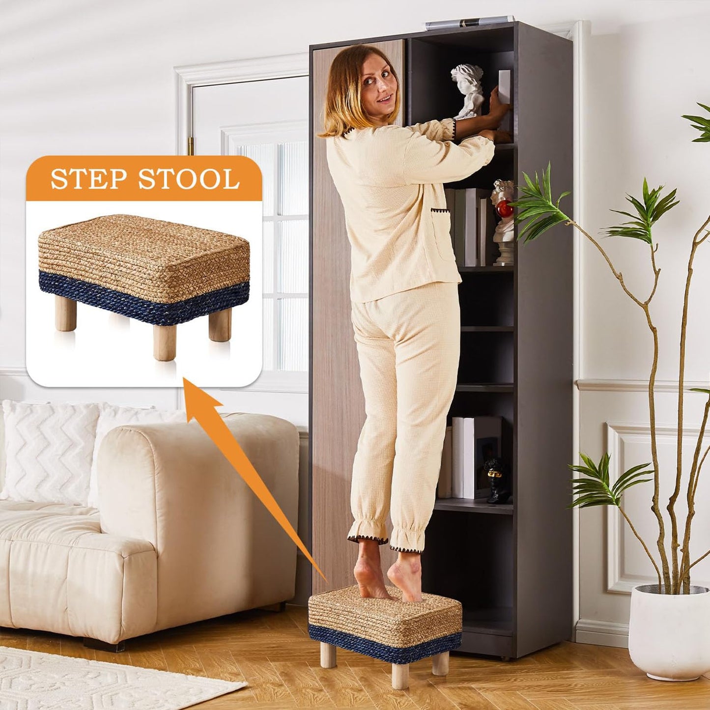 Wimarsbon Natural Seagrass Footstool Ottoman Rectangular Footrest Pouf Ottomans with Wooden Legs Hand Weave Step Stool for Living Room Bedroom Entryway Blue