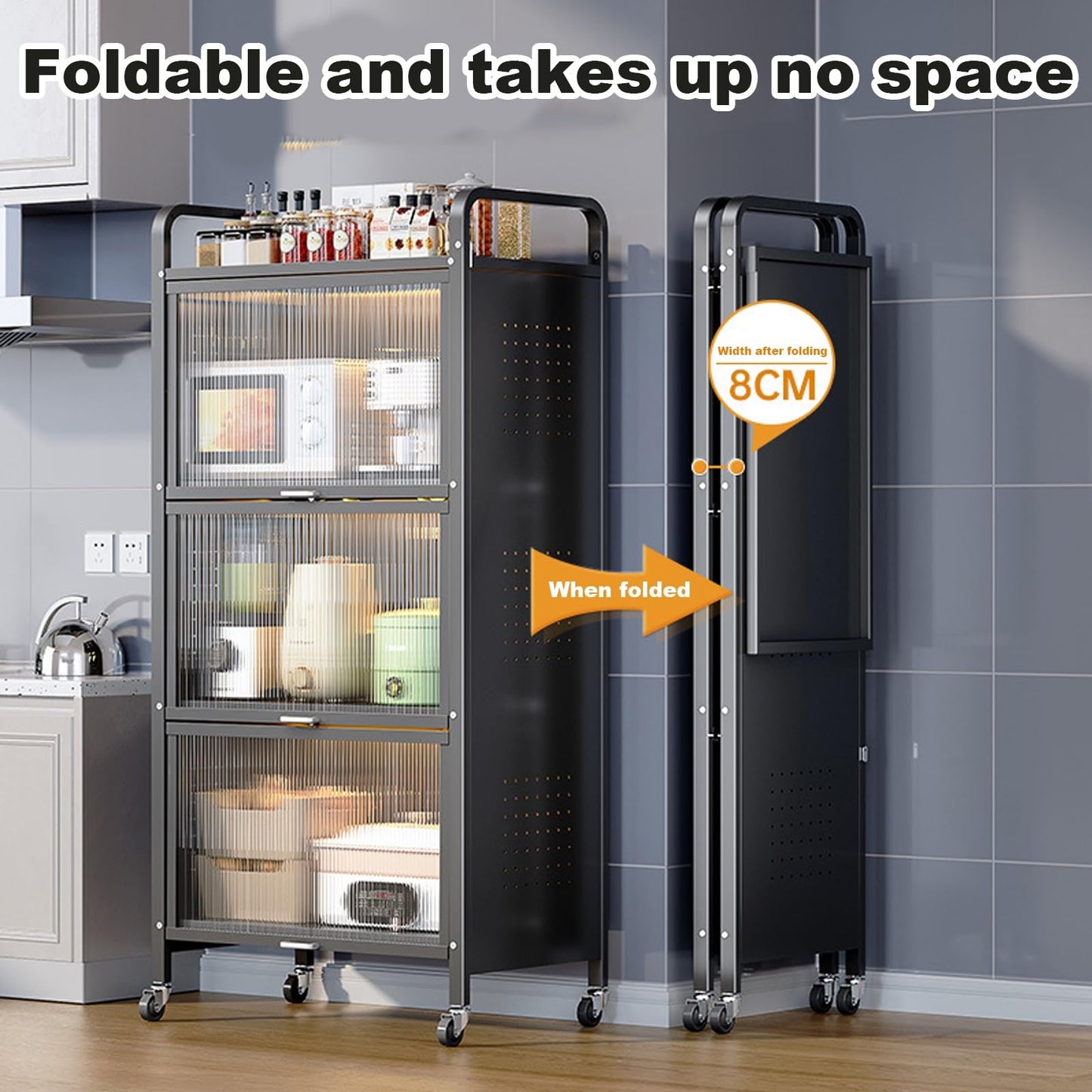 4-Tier Microwave Stand, Kitchen Storage Cabinet with Transparent Flip Door, Space-Saving Bakers Rack for Home, Office, Pantry - Black, 60cm/24in