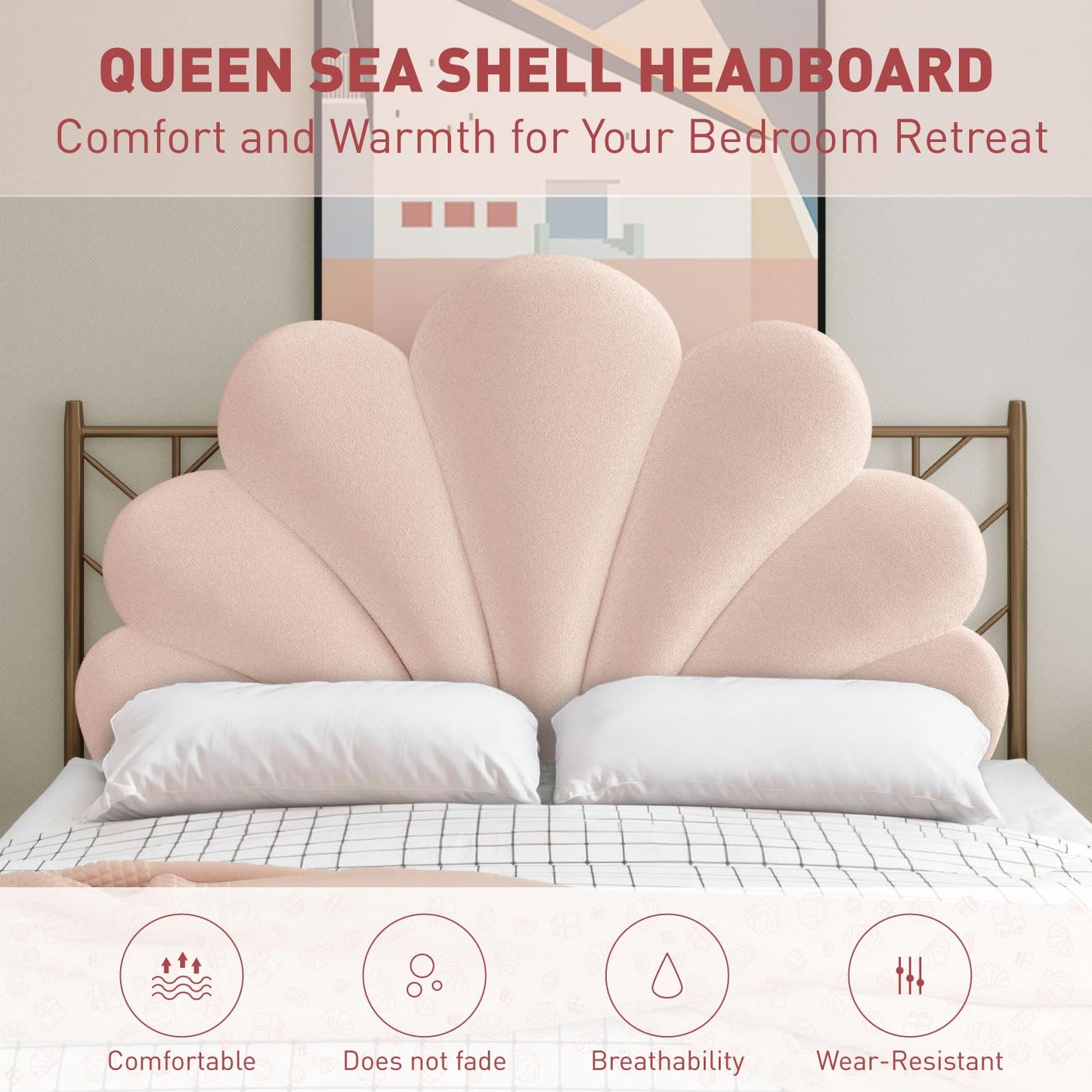 Rucener Queen Size Seashell Headboard Cushion, Soft PP Cotton Filled Upholstered Shell Headboard Pillow, Aesthetic Scalloped Wall Panel Free Standing, Coastal Decor for Teen Grils Bedroom (Pink)