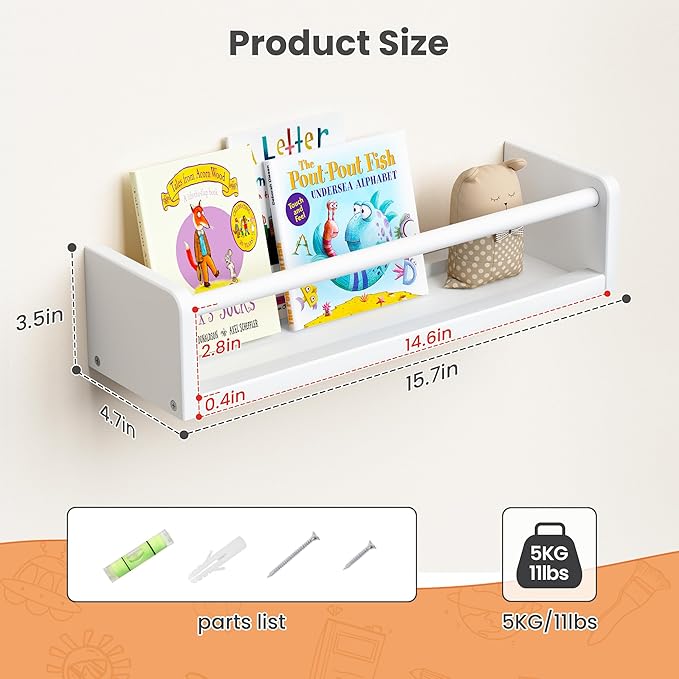 upsimples 2 Pack Nursery Book Shelves, 15.7 Inch Floating Bookshelves