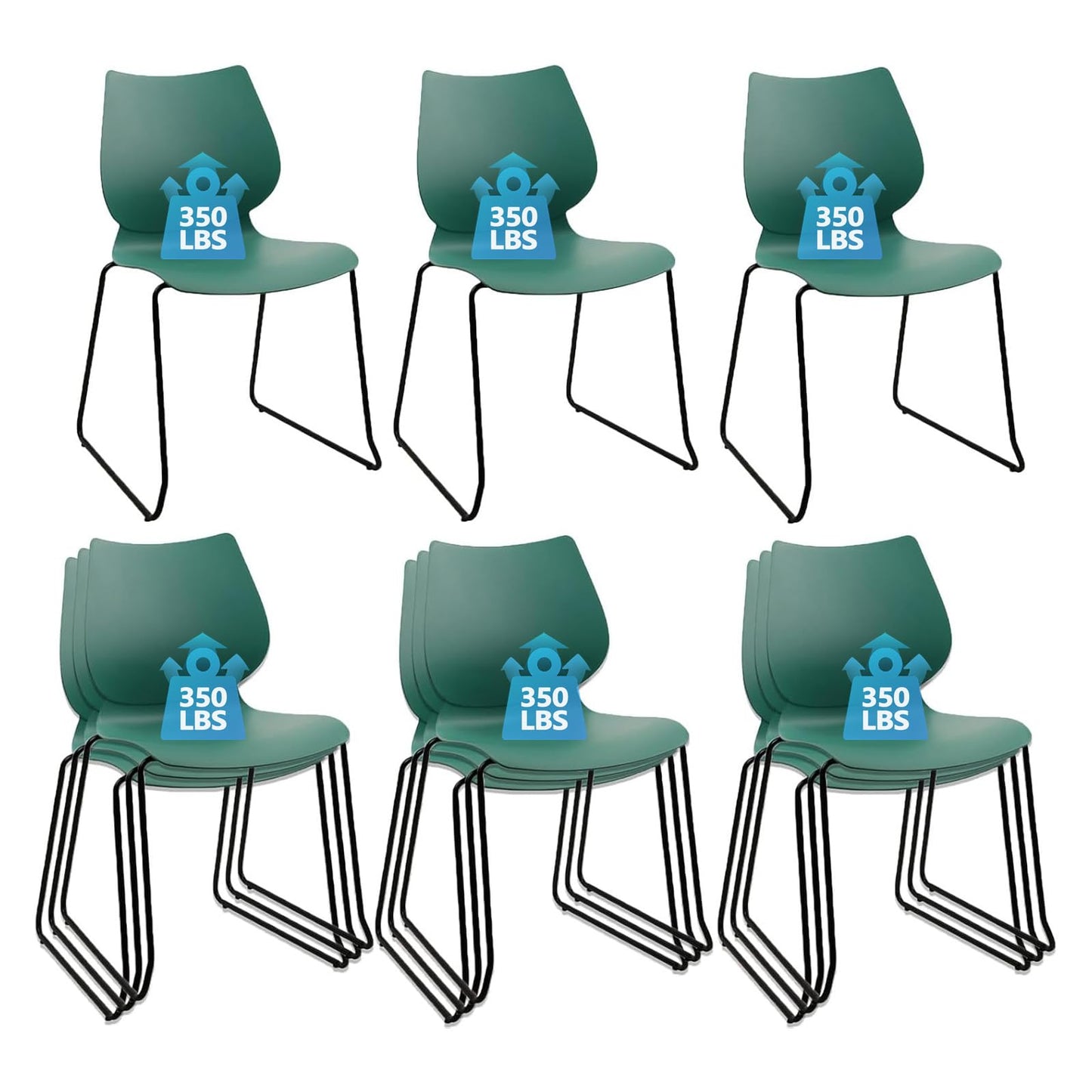 KLASIKA Stackable Waiting Room Chair, Stacking Office Chair with Ergonomic Lumbar Support and Metal Legs, Plastic Desk Chairs for Conference School Church Guest Reception Set of 12, Green